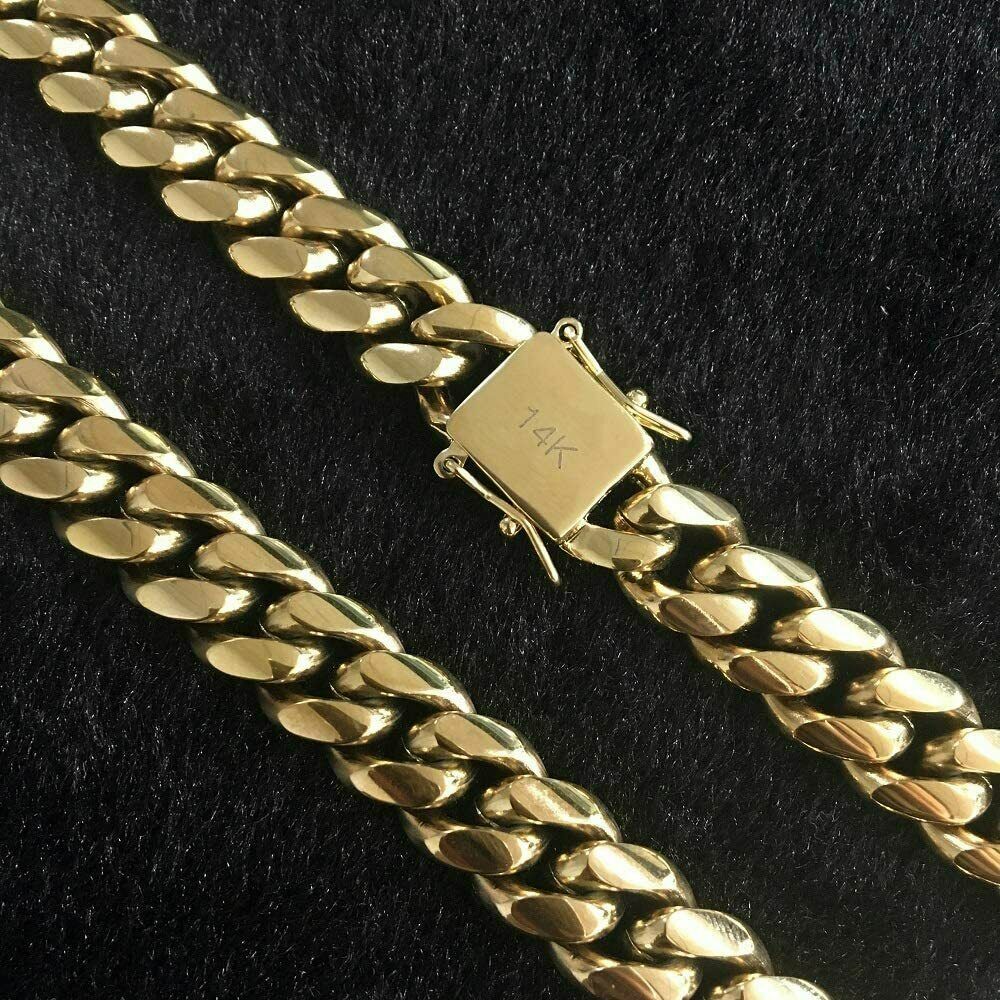 Men's Miami Cuban Link Bracelet&Chain Combo Set 14K Gold Plated Stainless Steel