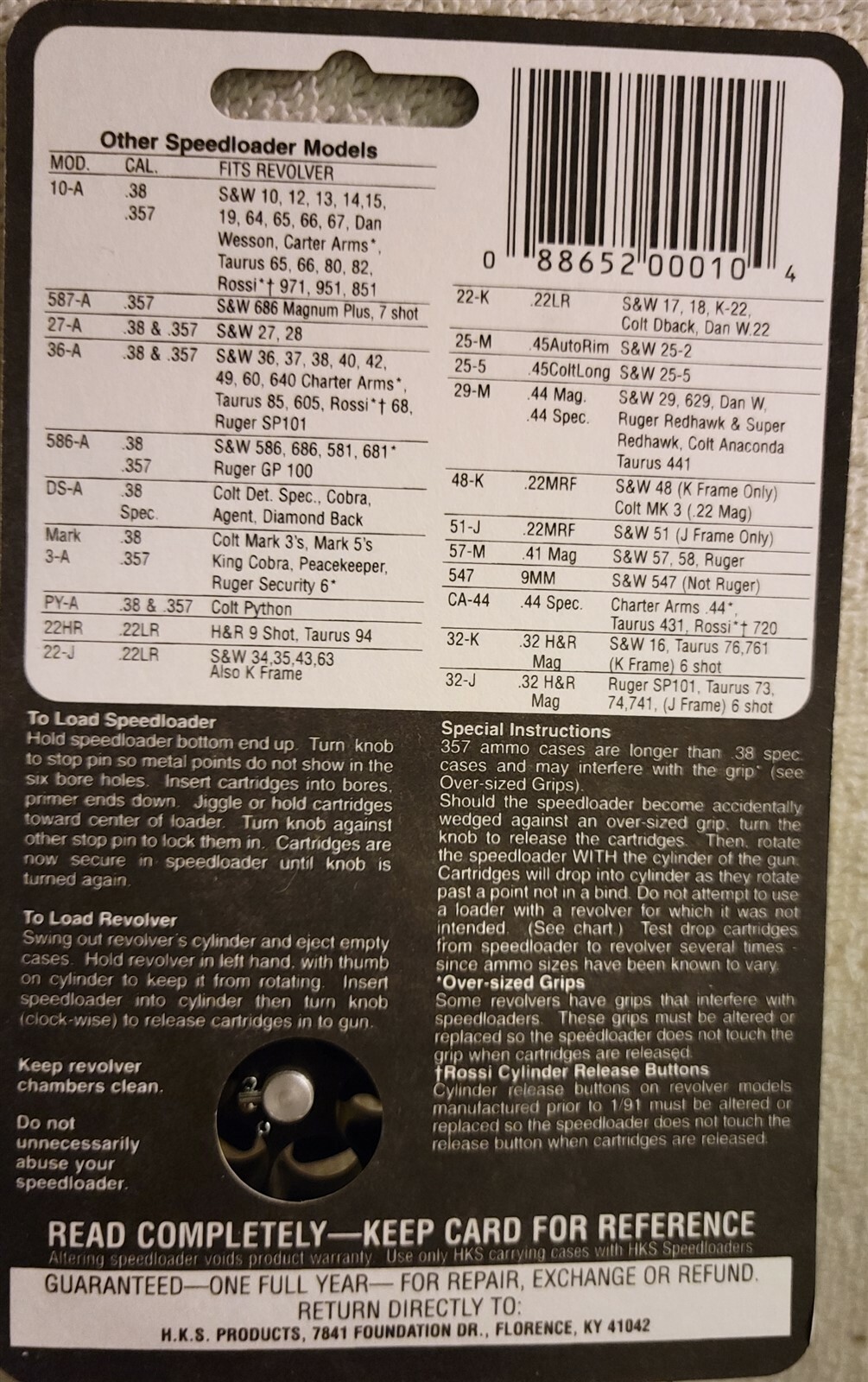 HKS Speedloader 10-A for 6 shot 38/357 S&W, Dan Wesson, Taurus, Rossi - NEW