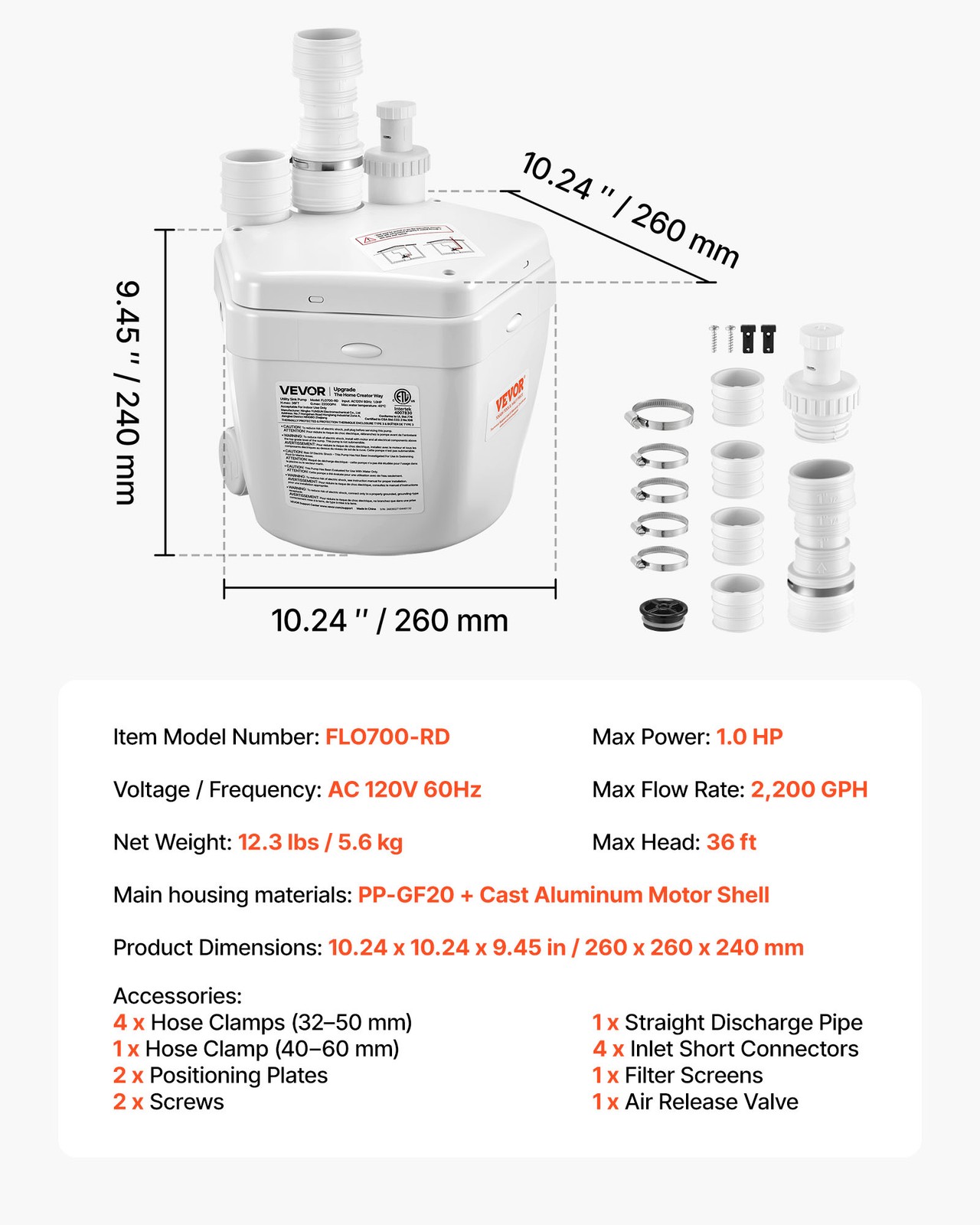 VEVOR Utility Sink Pump 1 HP 2200 GPH Under Sink Pump 36 ft with 3 Water Inlets