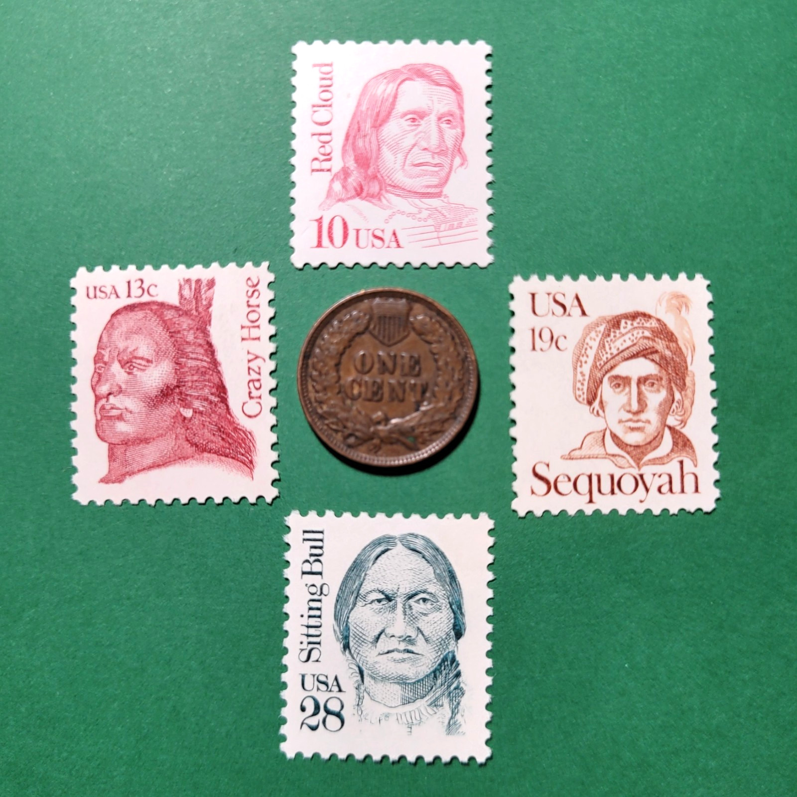 NATIVE AMERICANS - 4 U.S. POSTAGE STAMPS + EARLY 1900's INDIAN HEAD PENNY