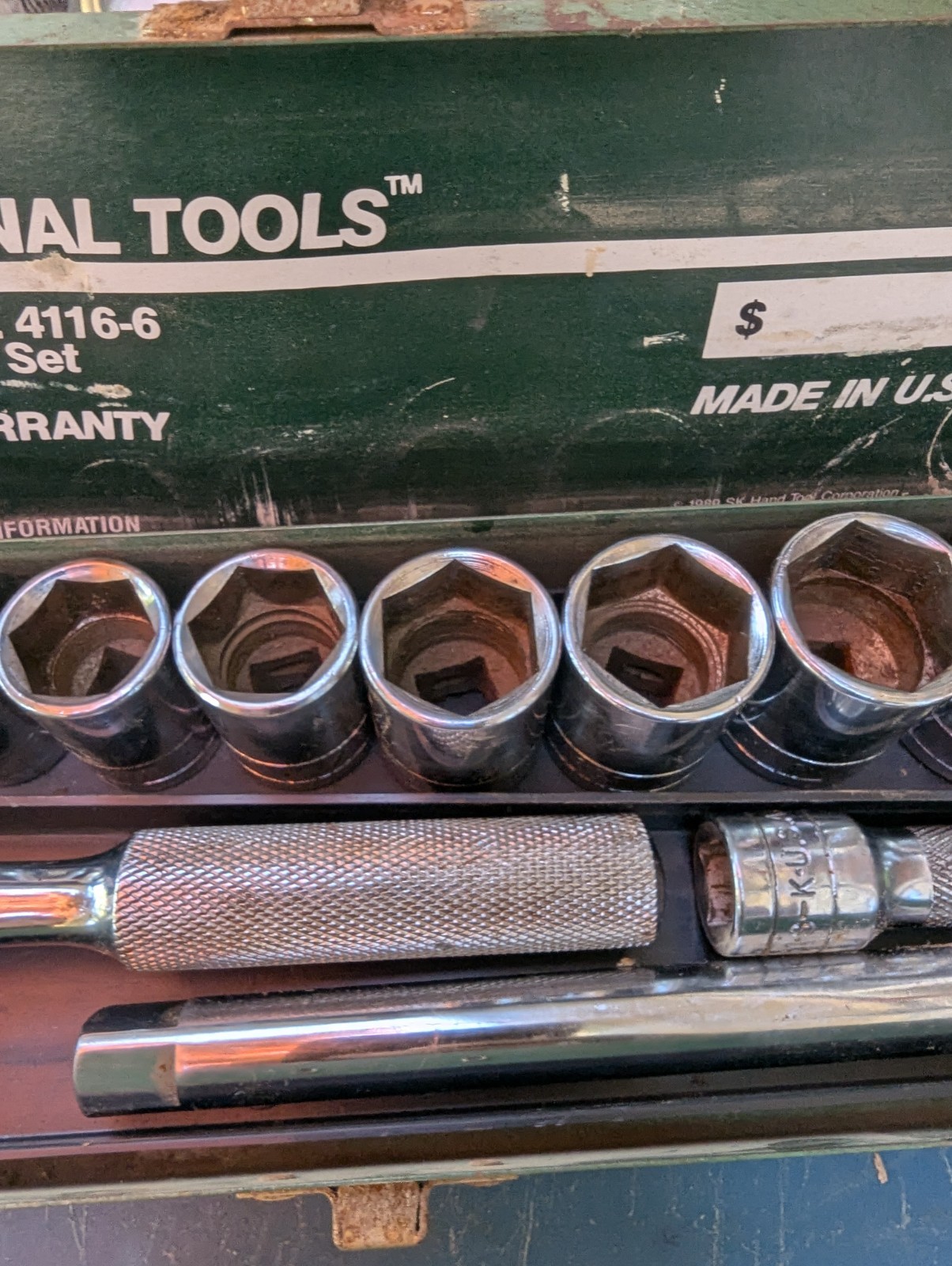 Vintage S-K 1/2" Drive 6 Pt. Socket Set #4116 7/16"-1 -1/4" Ratchet & Universal