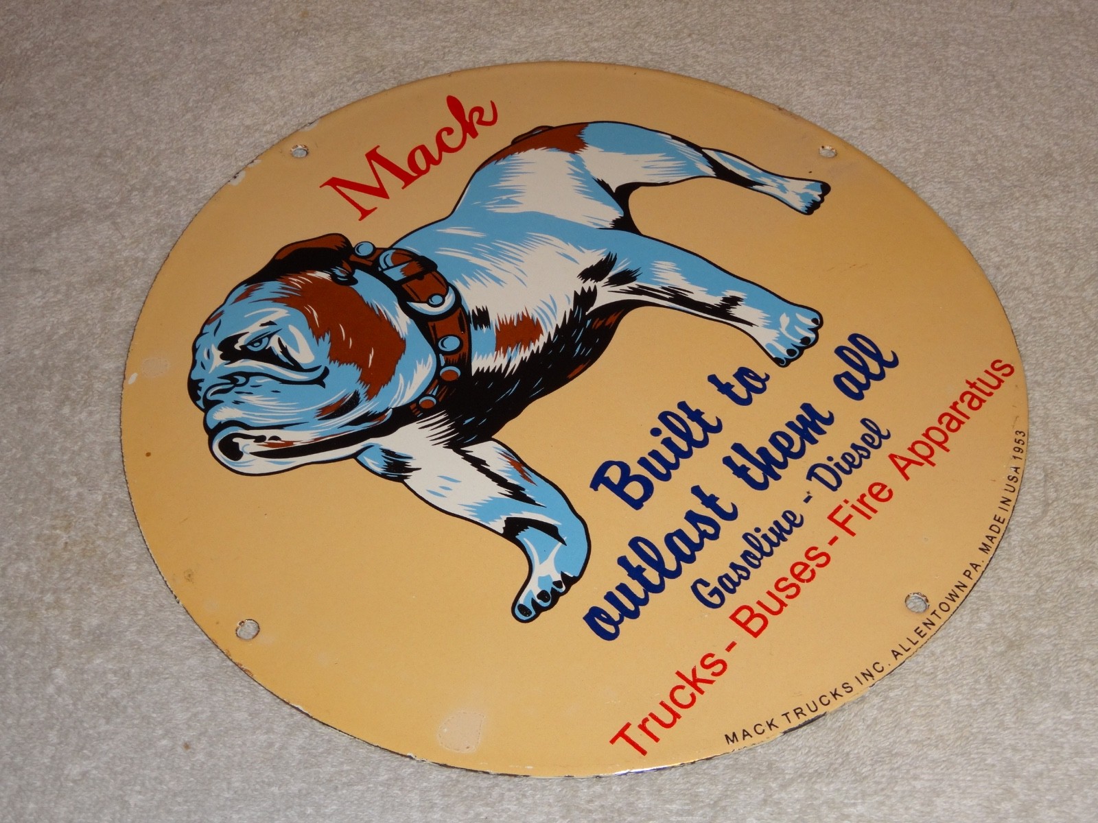 VINTAGE MACK🐶TRUCKS BUSES GASOLINE DIESEL 11 3/4" PORCELAIN METAL OIL DOG SIGN