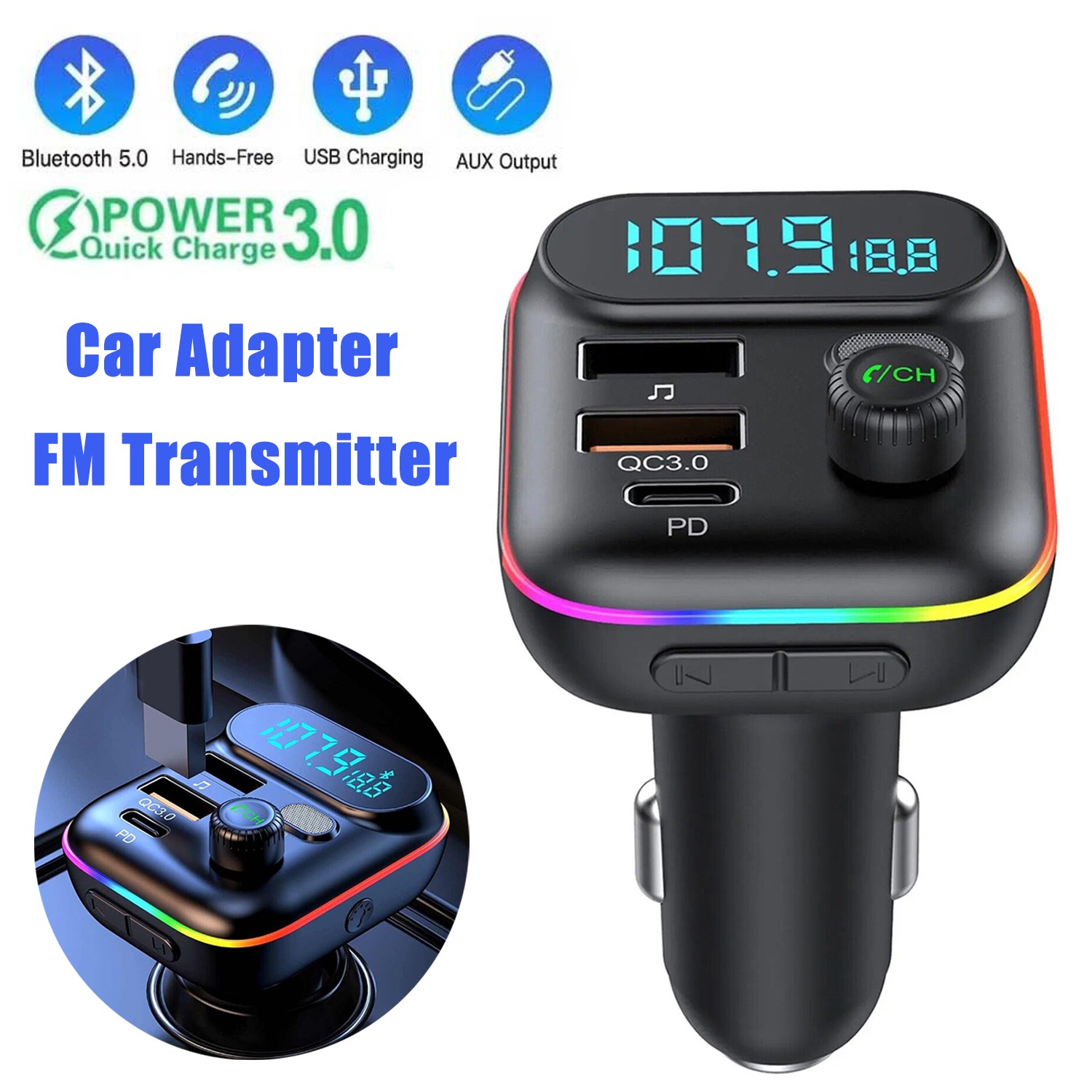 Bluetooth Car Adapter FM Transmitter Handsfree USB AUX Radio MP3 Music Player