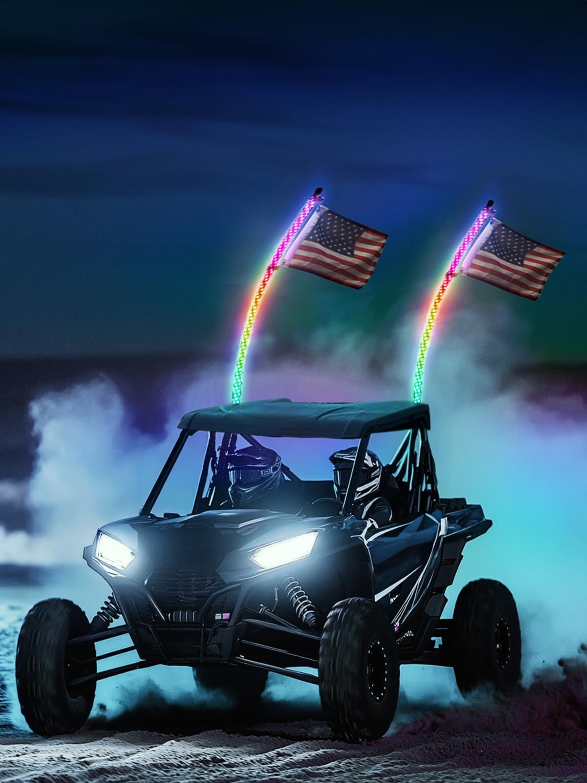 KEMIMOTO 2pc 3ft Bluetooth RGB LED Whip Lights for UTV ATV, Turn Signal Function