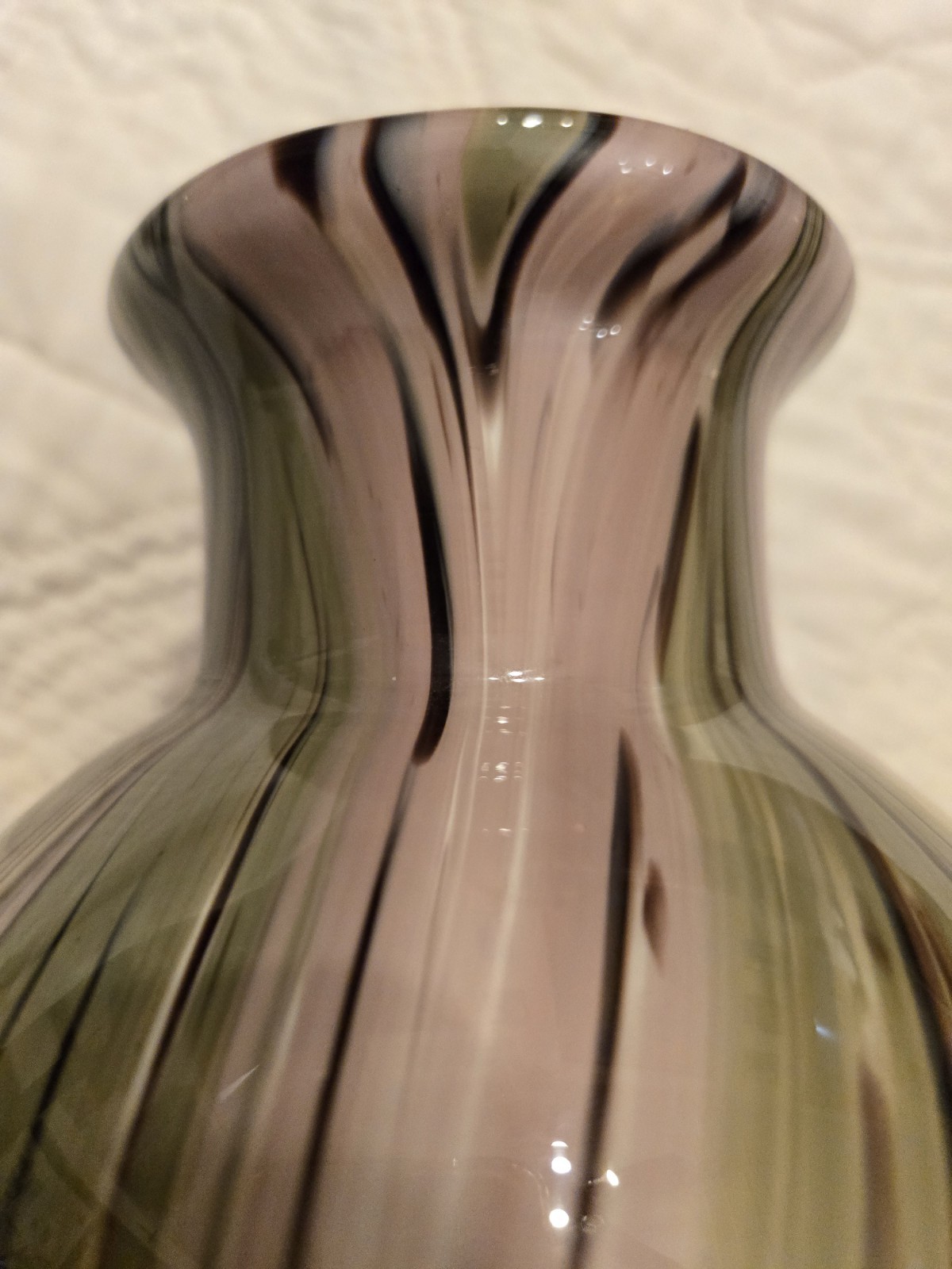 Vintage Heavy Murano Glass Vase Stripes Swirls 12" Hand Blown Green Purple 60s ?