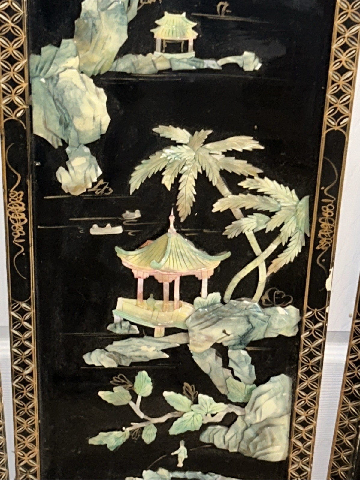 3 Vintage Laquered Asian With Mother of Pearl Panels 12”x 36” 2 Sets Available