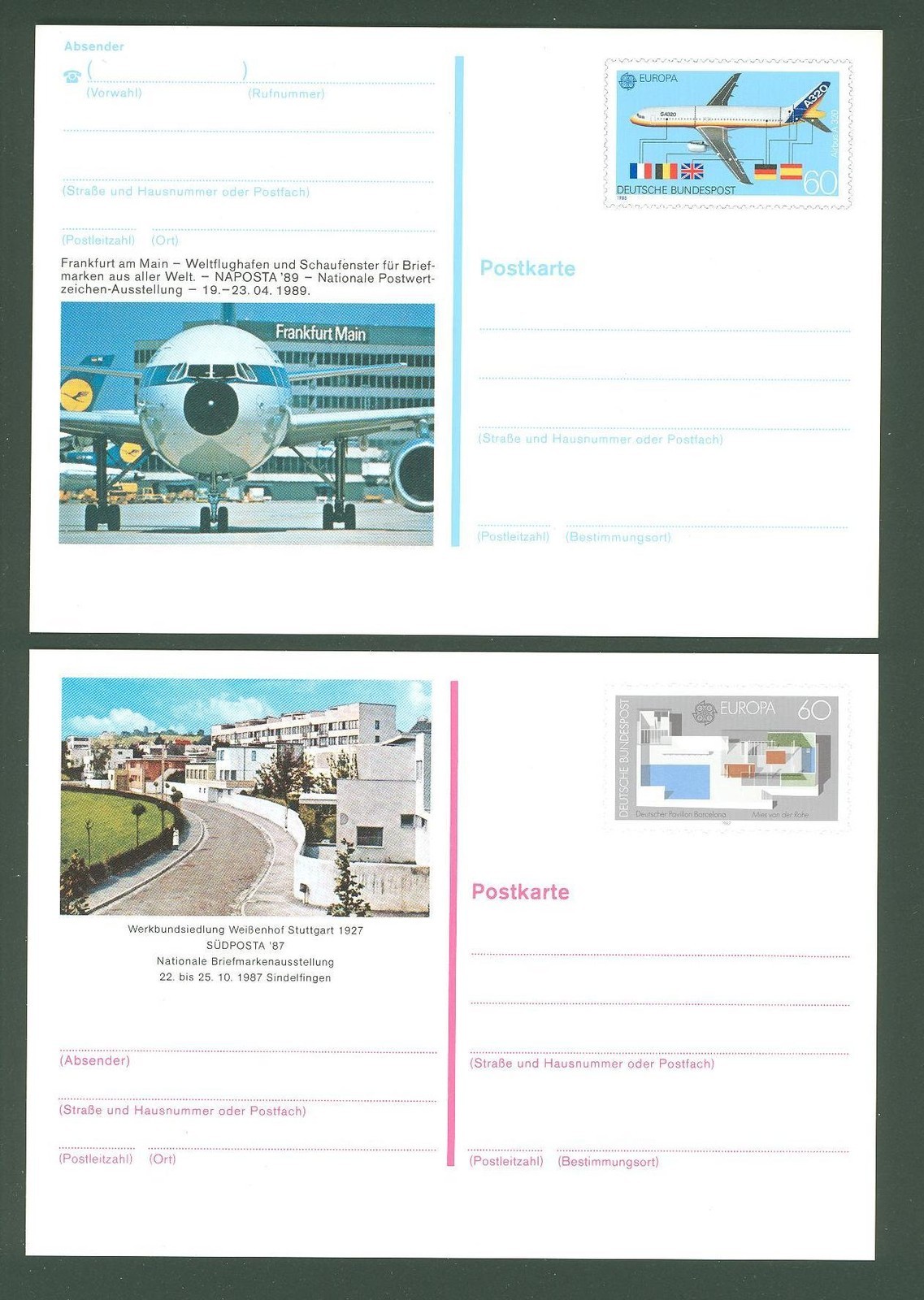 Stationery AN26 Postcard (2 pcs) Germany 1987/88 Aviation Europa CEPT Under face