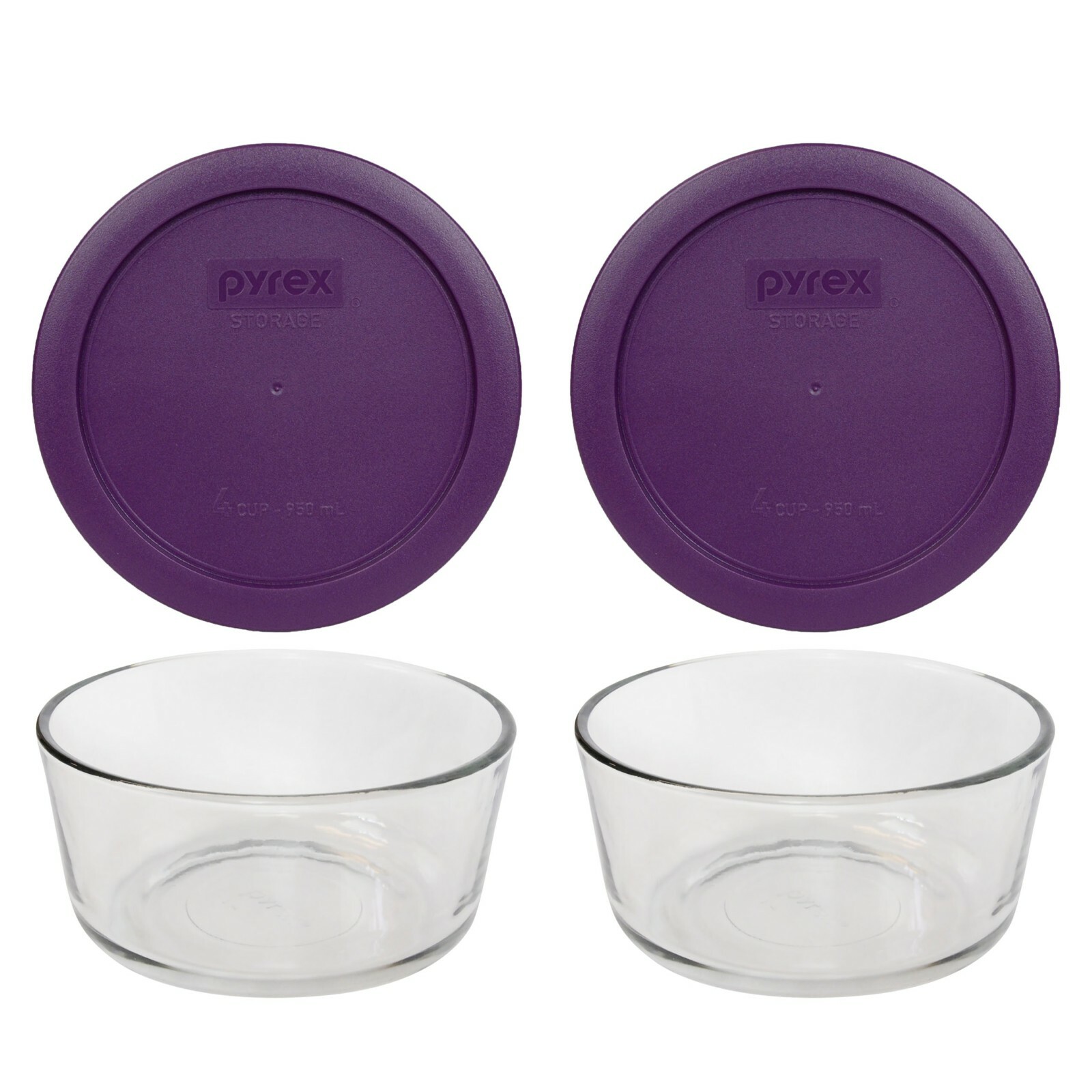 Pyrex 7201 4-Cup Round Glass Food Storage Bowl & 7201-PC Purple Lid (2-Pack)