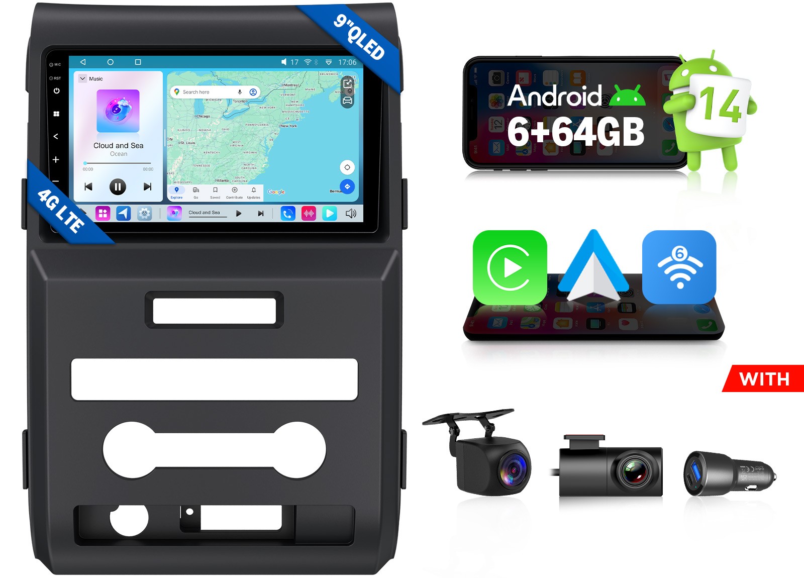 CAM+DVR+FDF1X7S Android 14 6+64 9" Car Stereo GPS HeadUnit CarPlay For Ford F150