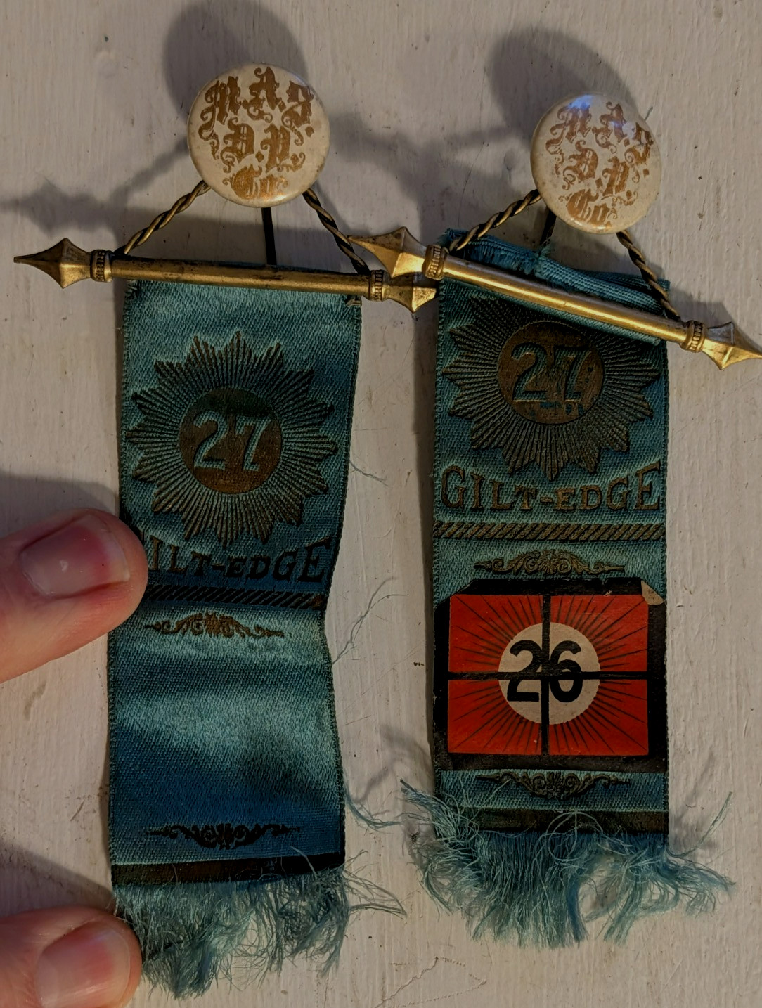 Antique Ribbons with Stick Pins 27 Gilt Edge / M A S D P Co / Trebus & Steiner