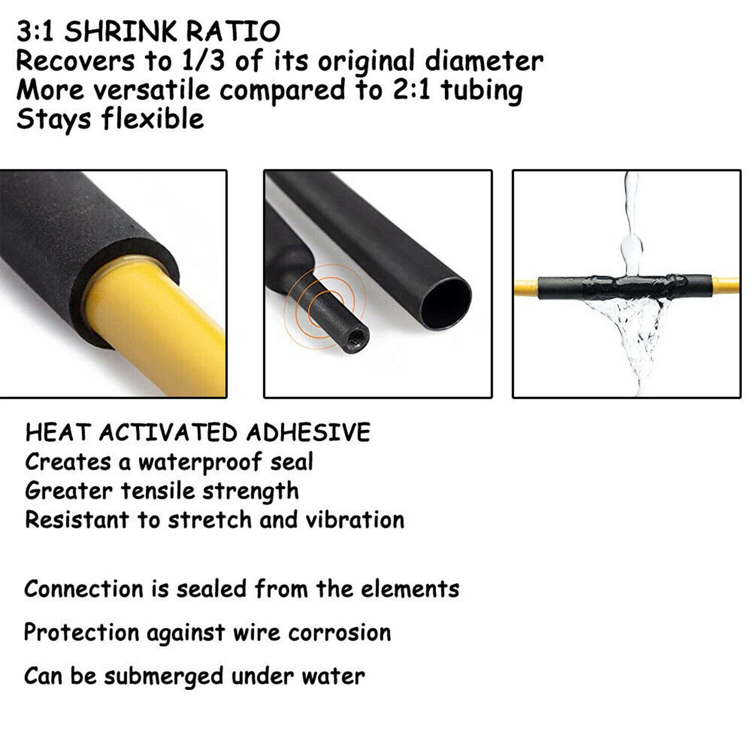 Heat Shrink Tubing Dual Wall Marine 3:1 Adhesive Glue Tube Waterproof BLACK