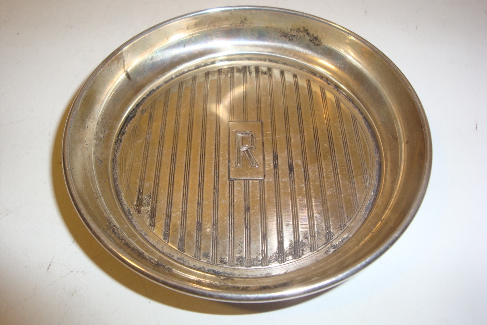 Vintage sterling silver drink coaster or butter pat monogrammed "R" 58 grams