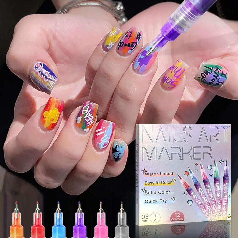 12 Colors Nail Art Pens Set Waterproof 0.5MM Nail Polish Pens Quick-Drying Nail