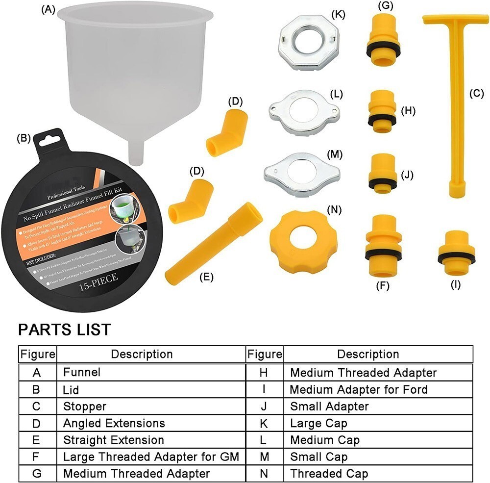 Spill Proof Radiator Coolant Filling Funnel Kit 15-pcs Cooling System fill kit