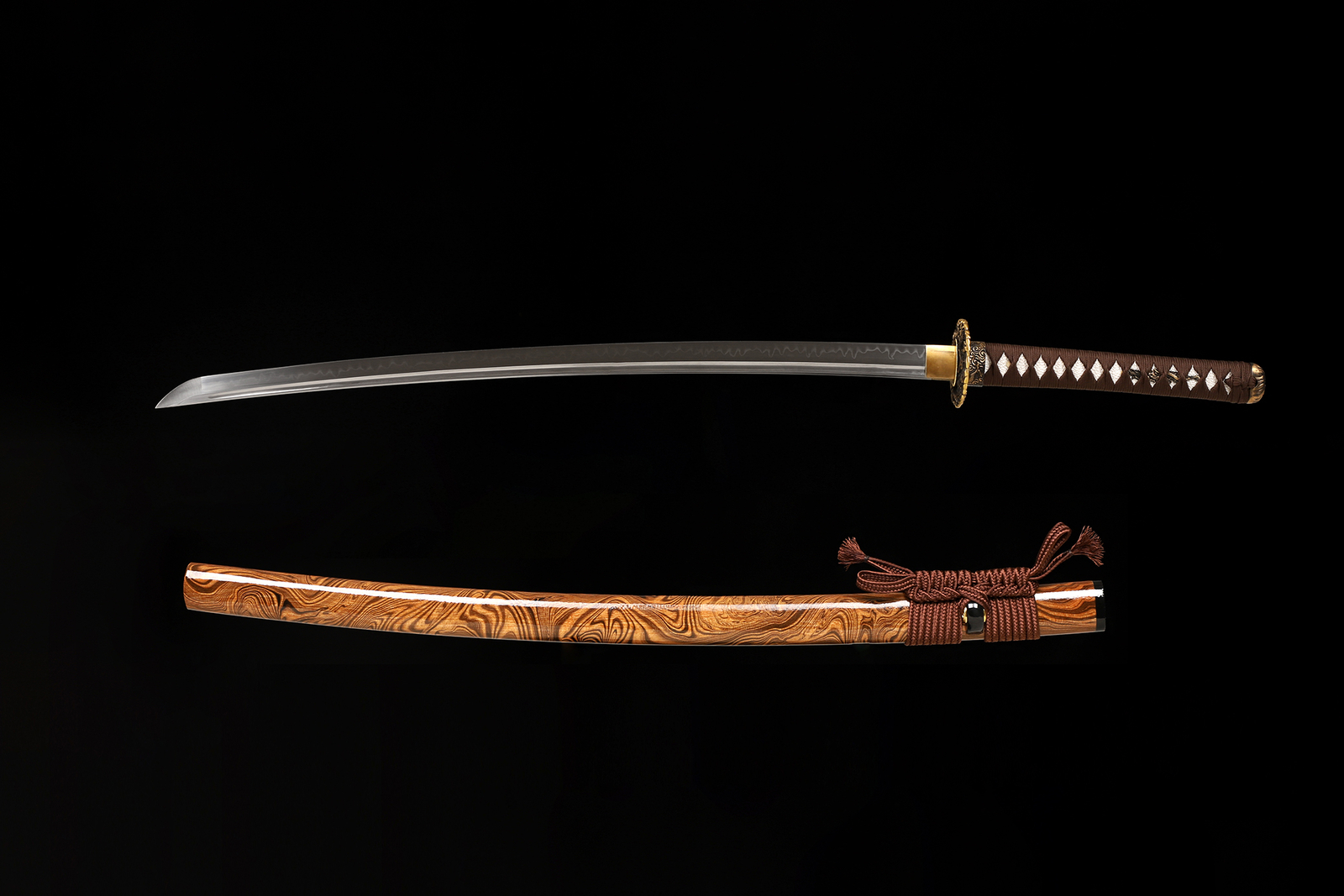 Katana Japanese Samurai Sword T10 Steel Clay Tempered Full Tang Sharp Brown Saya