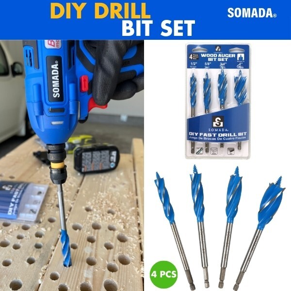 SOMADA Auger Drill Bit Set for Wood, 4-Piece, 1/2", 5/8", 3/4" and 1" Inch Size
