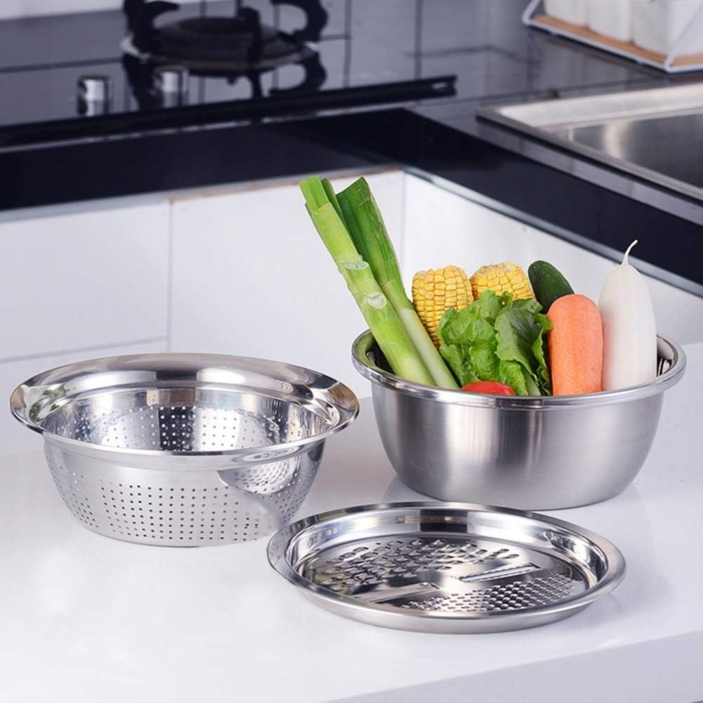 Multi-Function Stainless Steel Colander Set with Grater & Drain Basket, 3 PCs