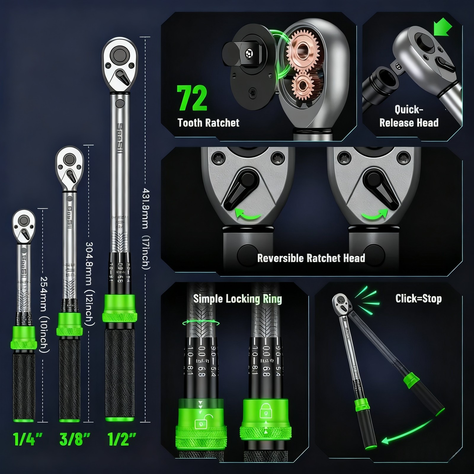 1/4''/3/8''/1/2'' Drive Torque Wrench Set Click Torque Wrench Adjustable 72Tooth