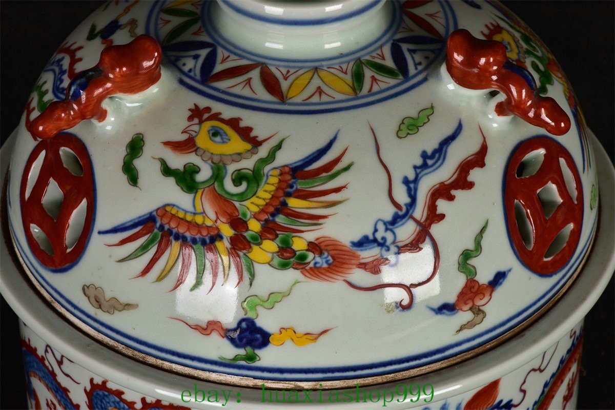 10.2"Wucai Porcelain Dragon Loong Beast Phonix Tiger Head incense burner Censer