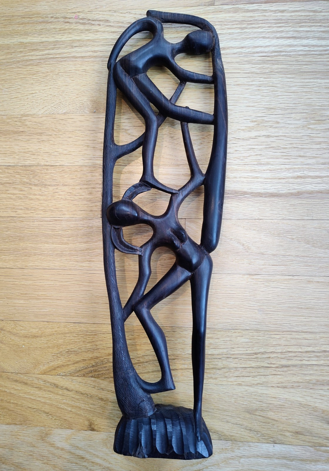 Hand Carved Ebony Wood Makonde "Tree of Life" Sculpture Intertwined Figures 17"