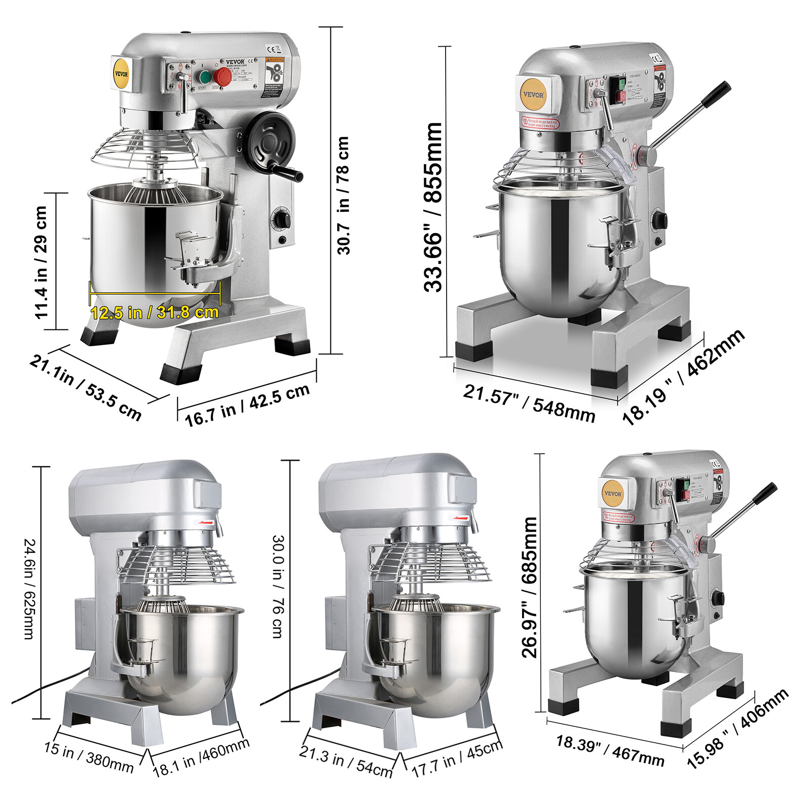 VEVOR 10/15/20/30 QT Commercial Food Mixer 3-Speed Stand Electric Dough Mixer