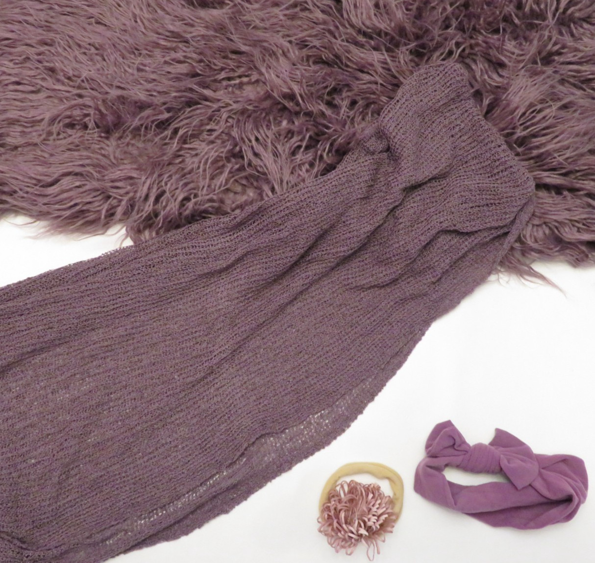 NEW 4 PCS Newborn Purple Photo Props Blanket Bow Flower Headband Fuzzy Mat Girl
