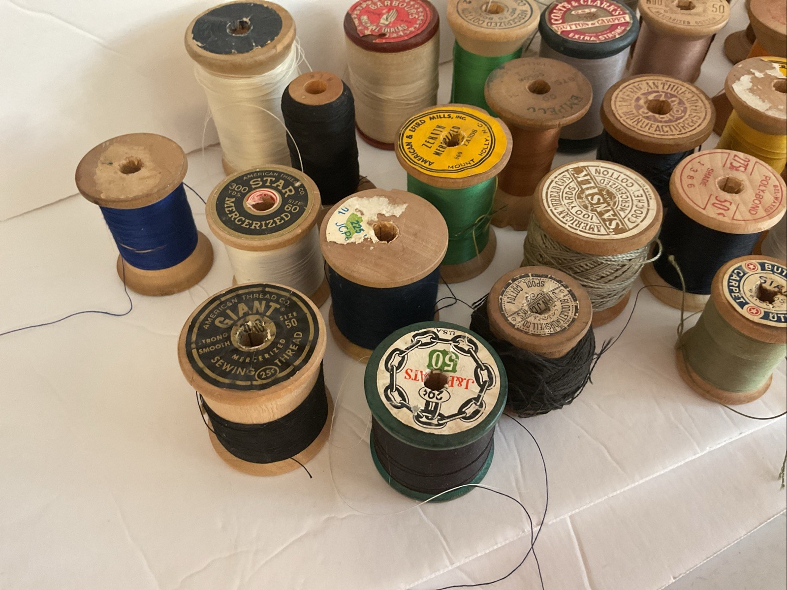 Vintage Lot of 40 Wooden Sewing Thread Spools Crafts Various Brands Full Partial