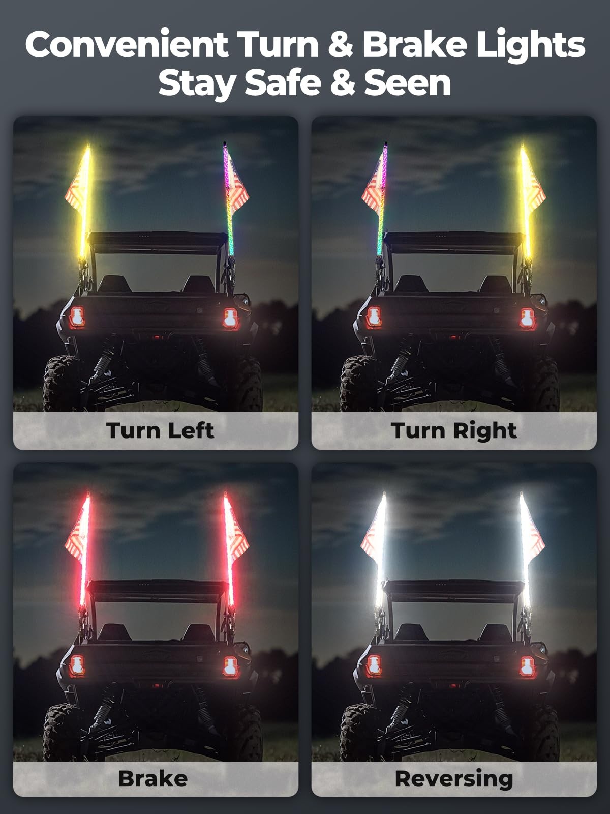 KEMIMOTO 2pc 3ft Bluetooth RGB LED Whip Lights for UTV ATV, Turn Signal Function