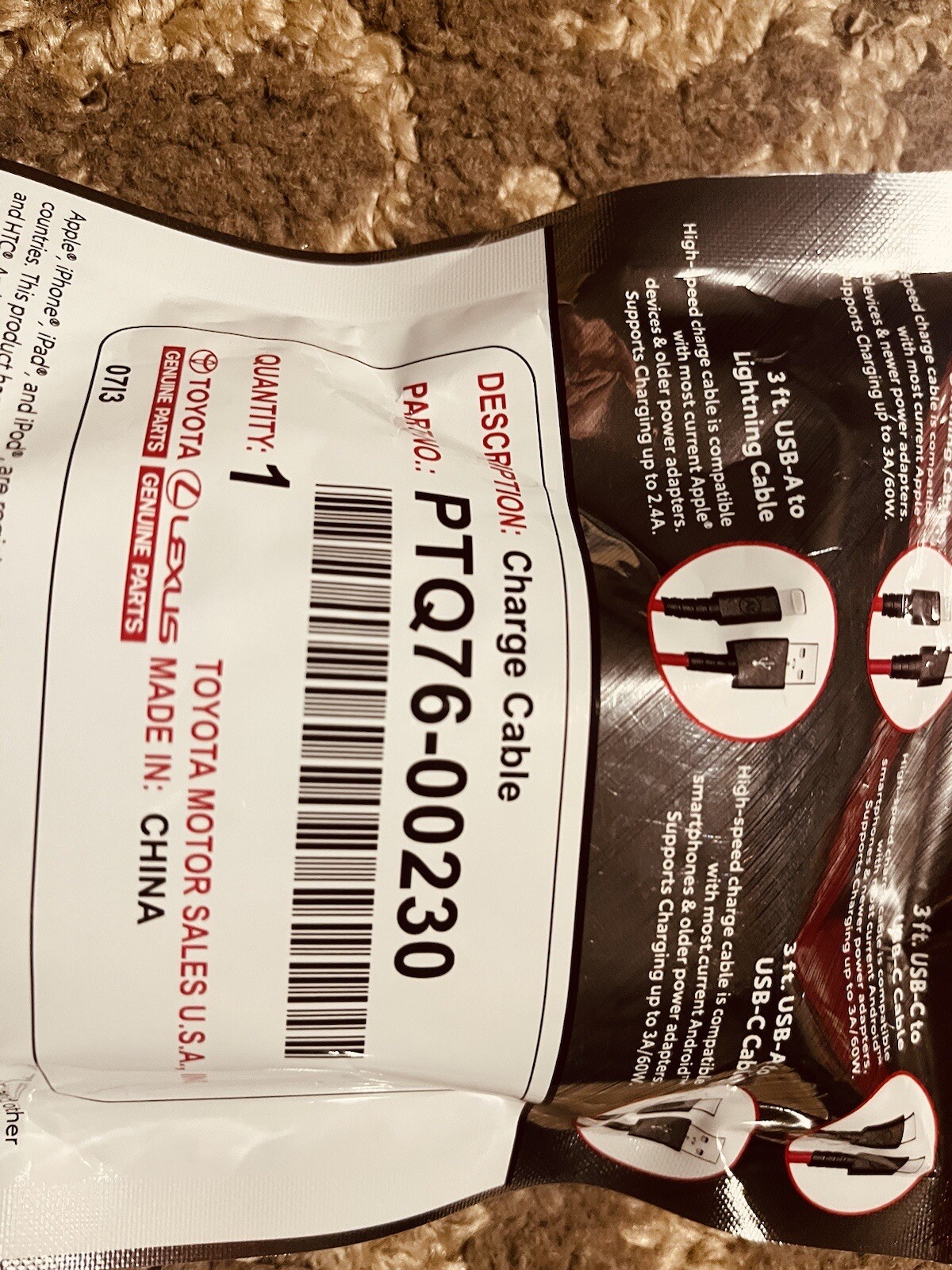 OEM TOYOTA QUICK CHARGE USB CABLE KIT PTQ76-00230 IPHONE ANDROID USBA USBC NEW