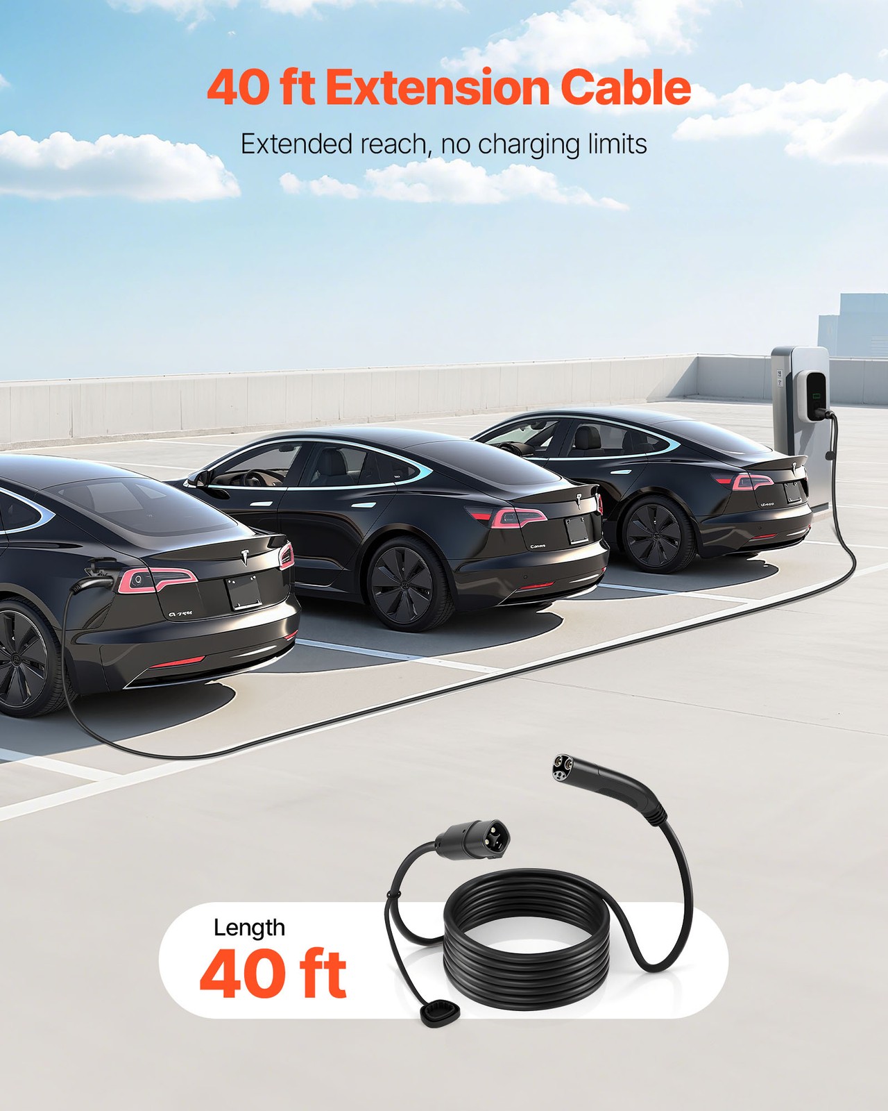 VEVOR EV Charger Extension Cable for Tesla Extension Cord 48A 40 ft 240V 11.52kW