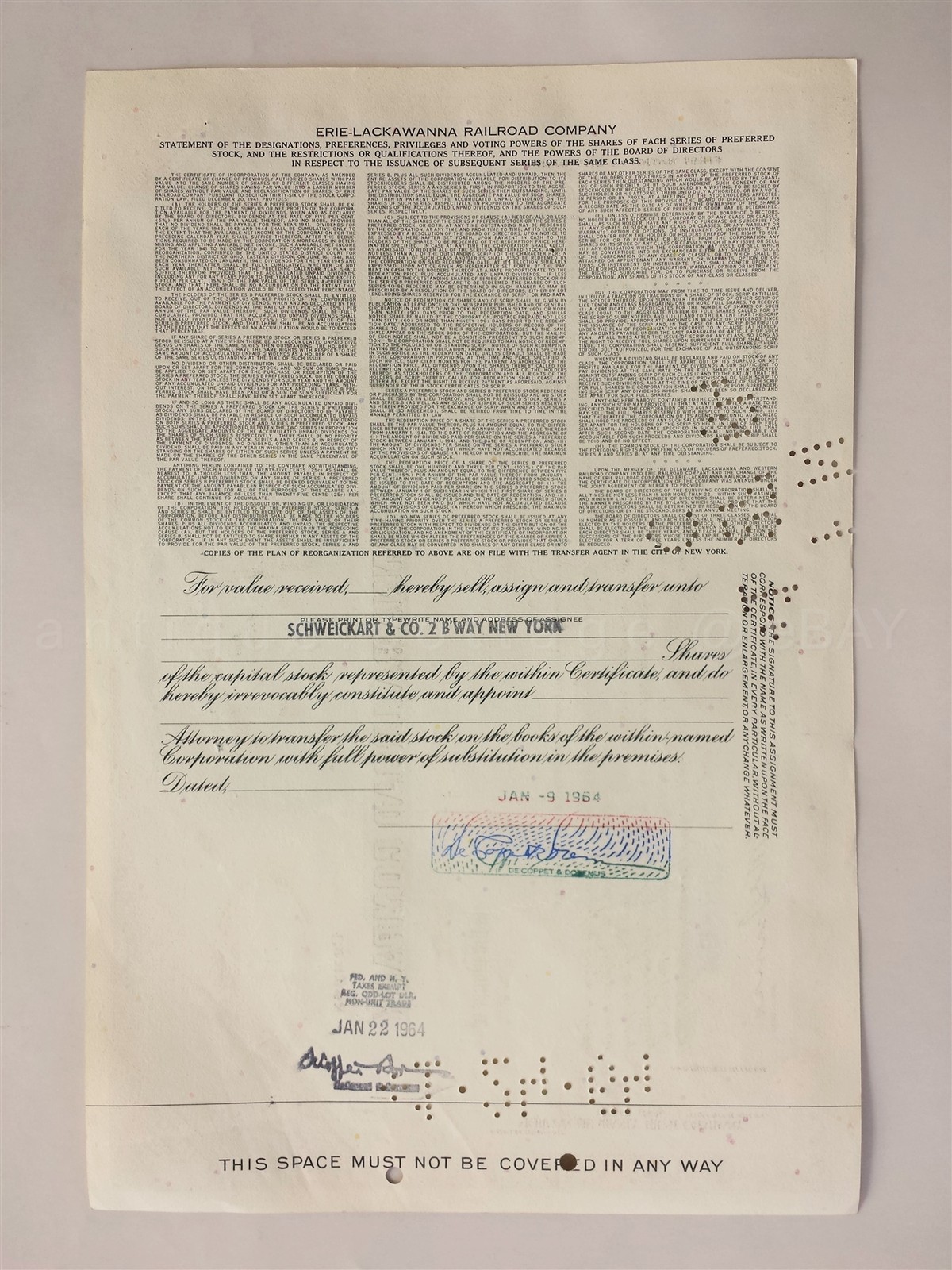 1964 vintage ERIE LACKAWANNA RAILROAD STOCK CERTIFICATE de coppet & doremus NY