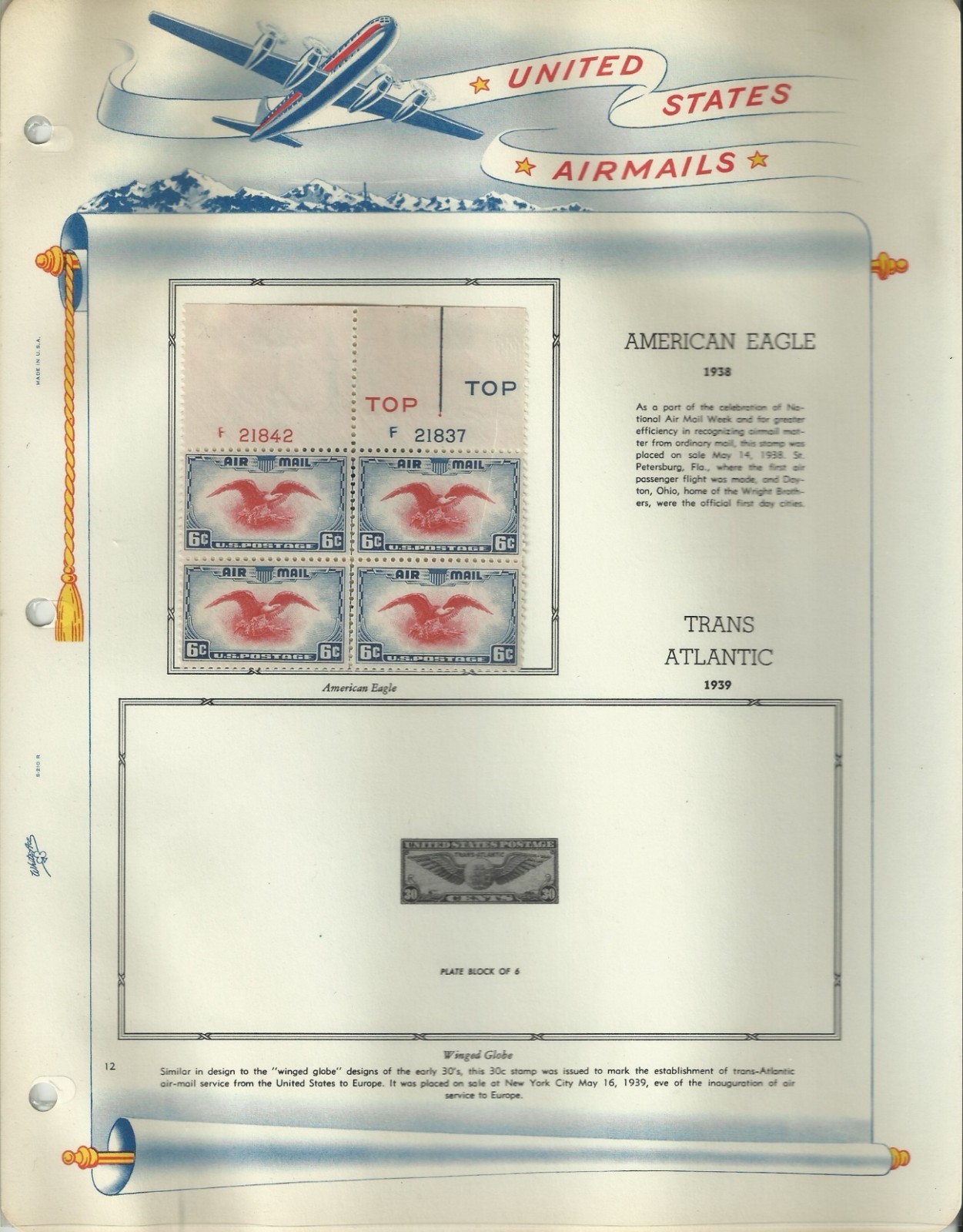 USA Stamps: Air Mail Plate Blocks & Singles on White Ace Album Pages. SCV $350+