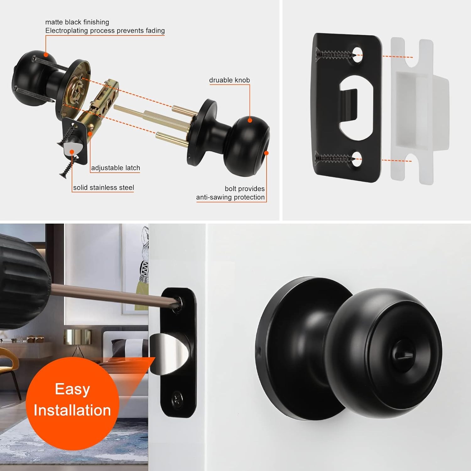 10 Packs Black Interior Door Knob, Matte Black Door Knob Interior Privacy