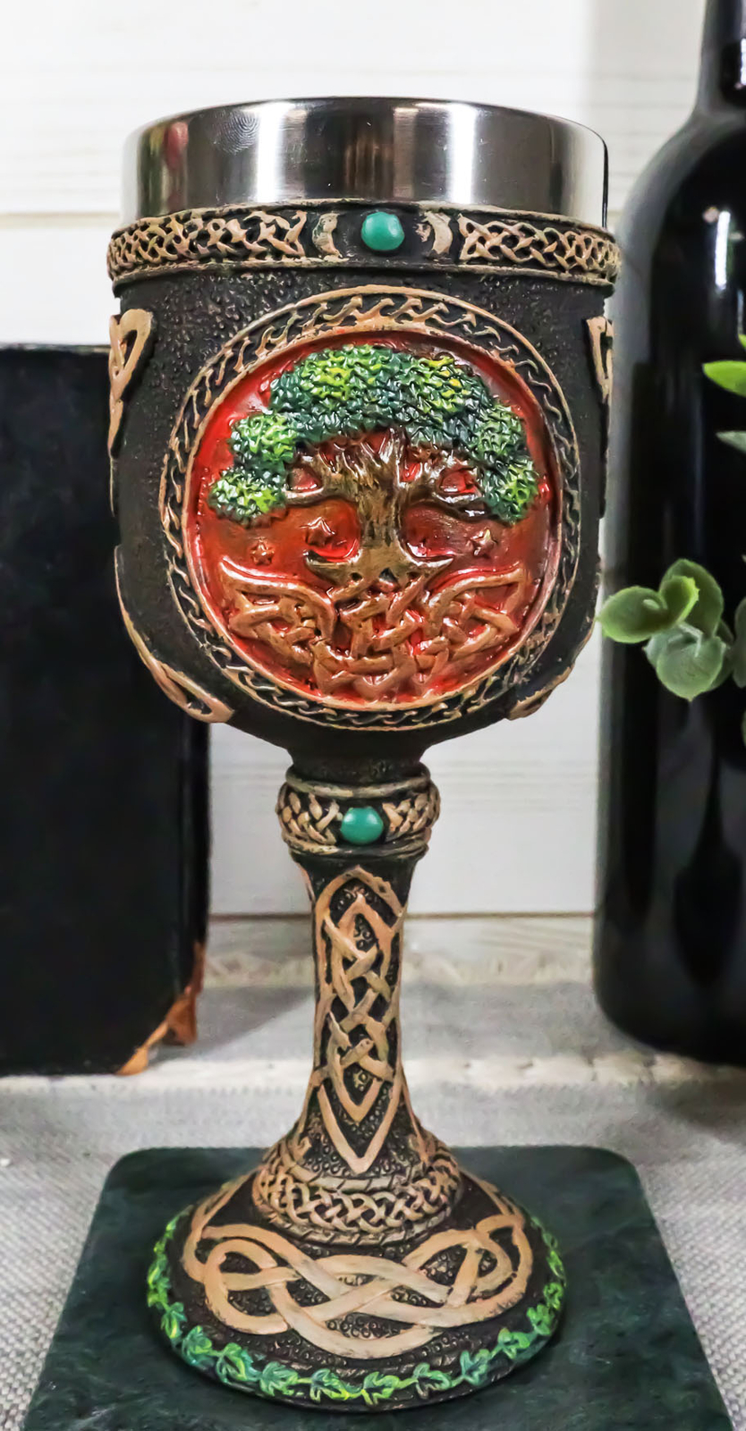 Tree of Life Wine Goblet Made of Polyresin With Stainless Steel Rim 6.75"H