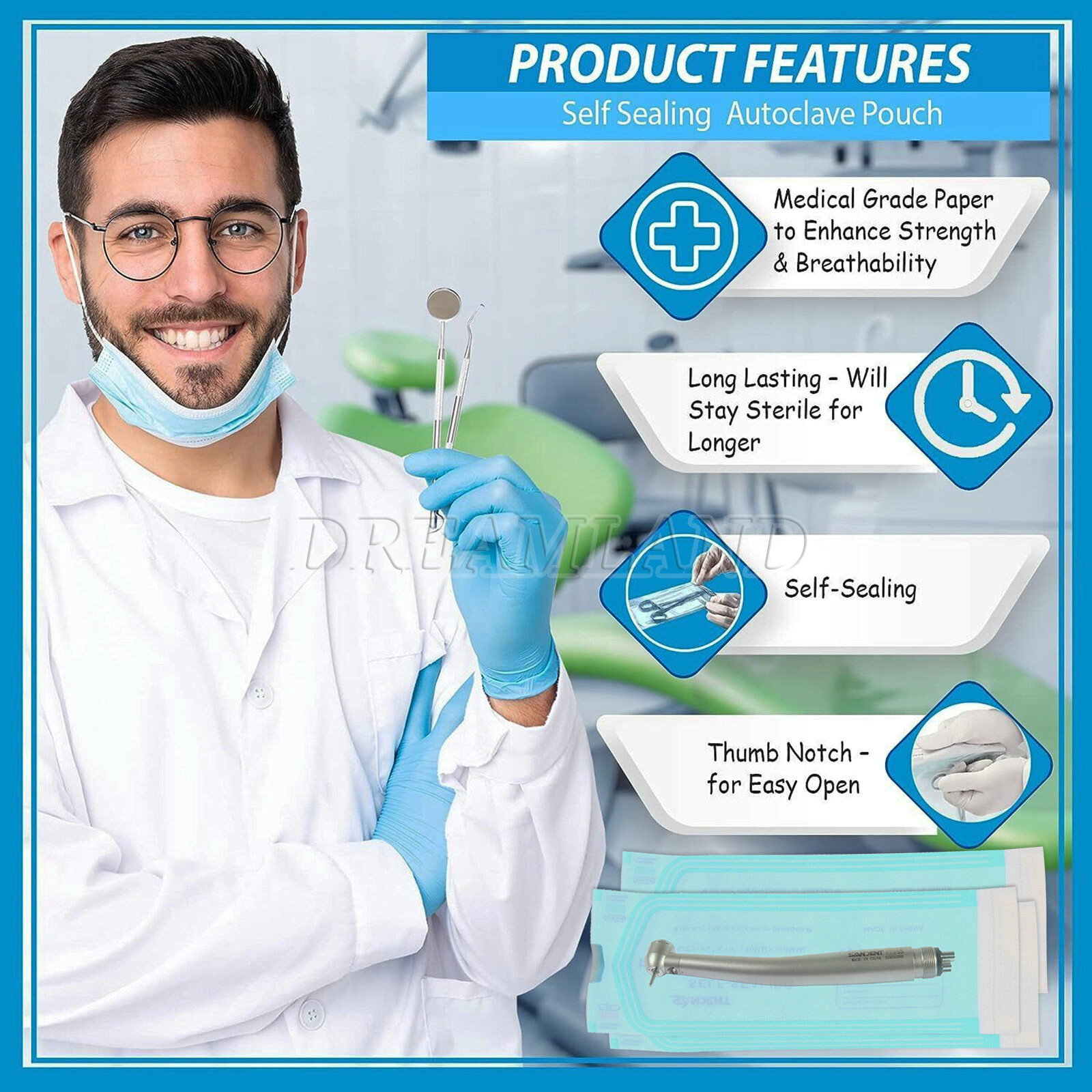 Sterilization Pouches- 3.5 " x 10 " Dental Medical Self Seal Pouch Bag 200 Bags