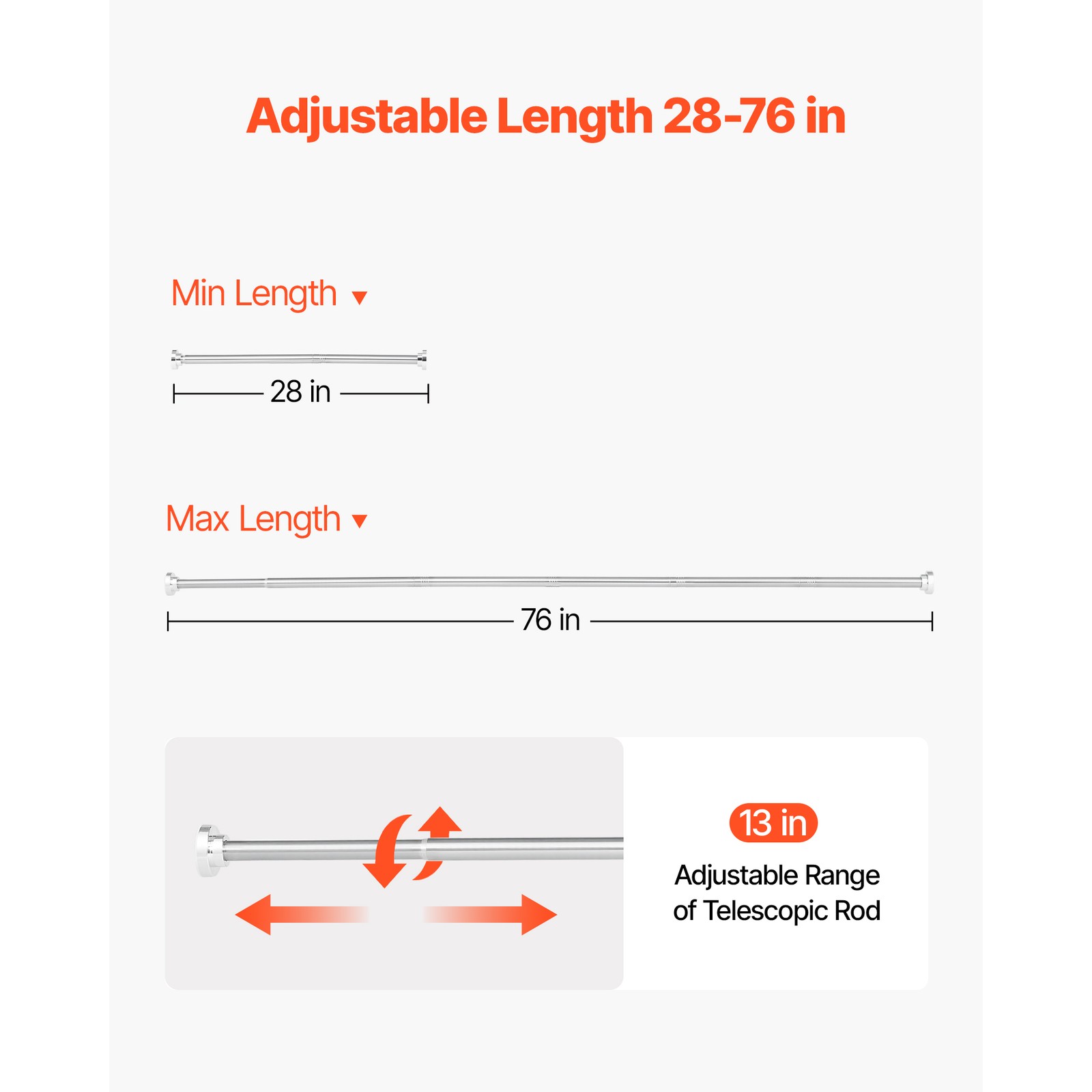 Uimoso Adjustable Tension Shower Rod, 28-76 in, Stainless Steel, Silver