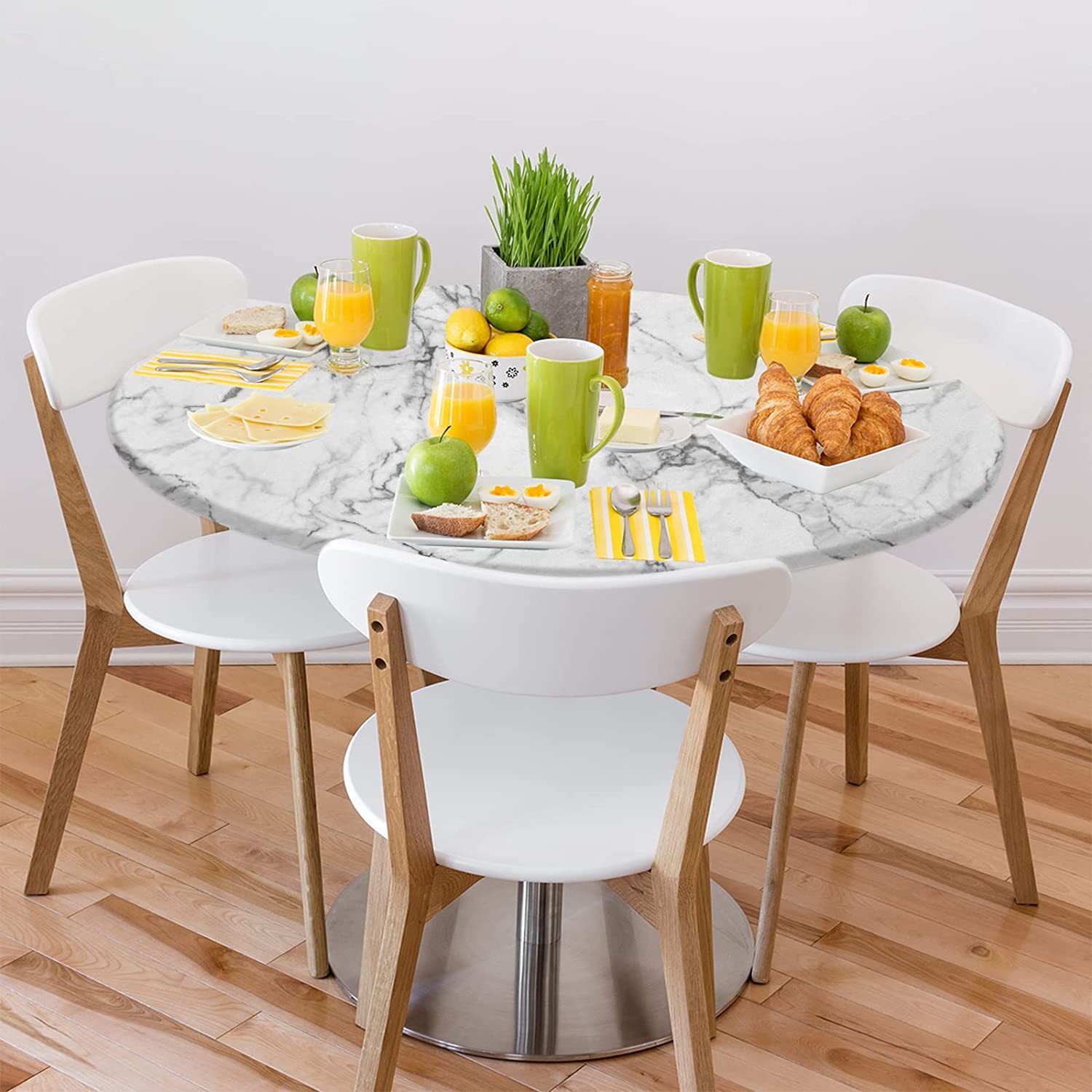 Marble Fitted Tablecloth Round, Edge Elastic Waterproof Polyester Table Covers