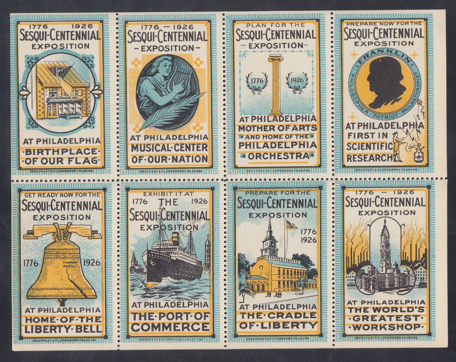 1926 Philadelphia Expo Complete Stamp Sheet of 8 MNH