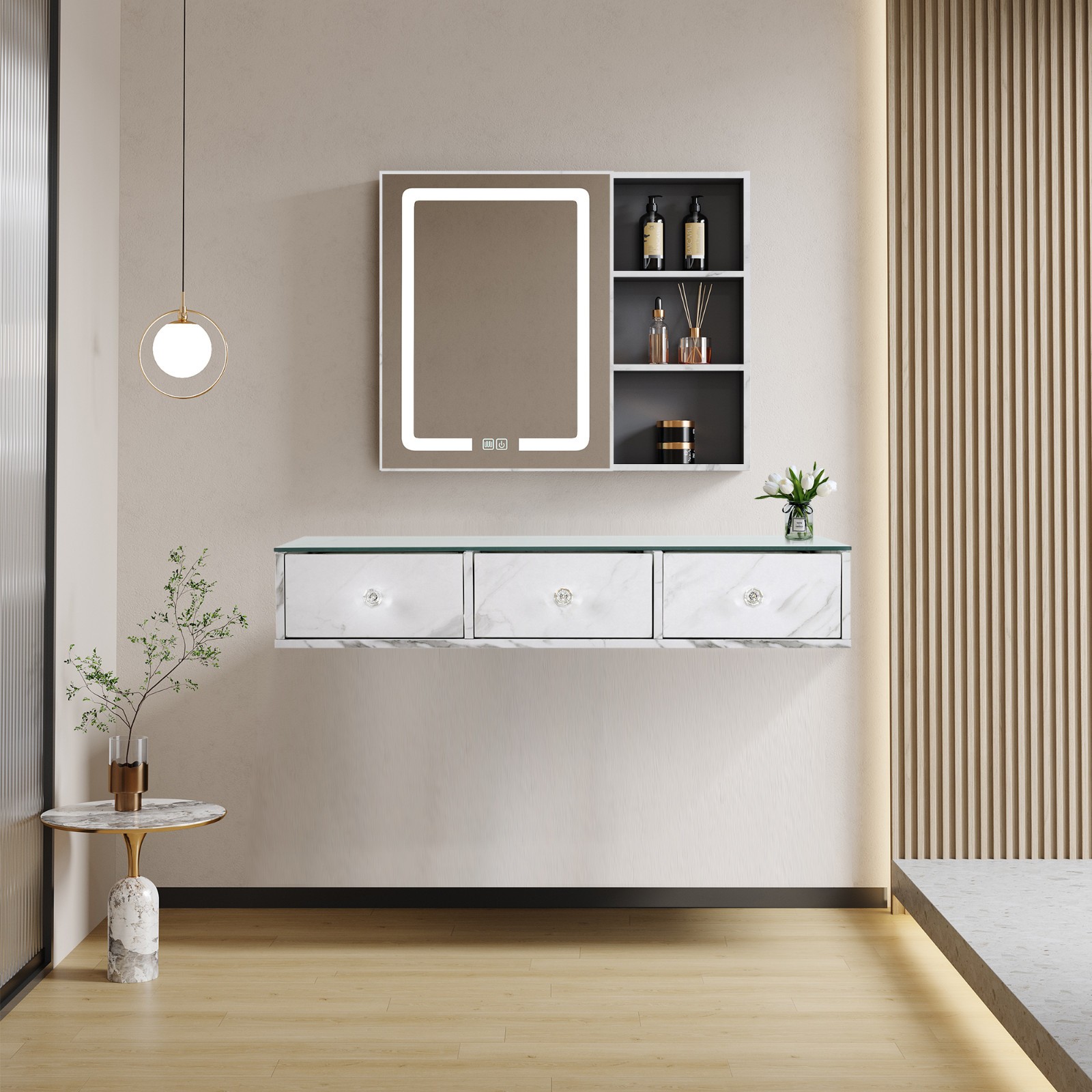 Glass Top Wall Mount Station, Beauty Barber Spa Storage Cabinet with 3Drawers