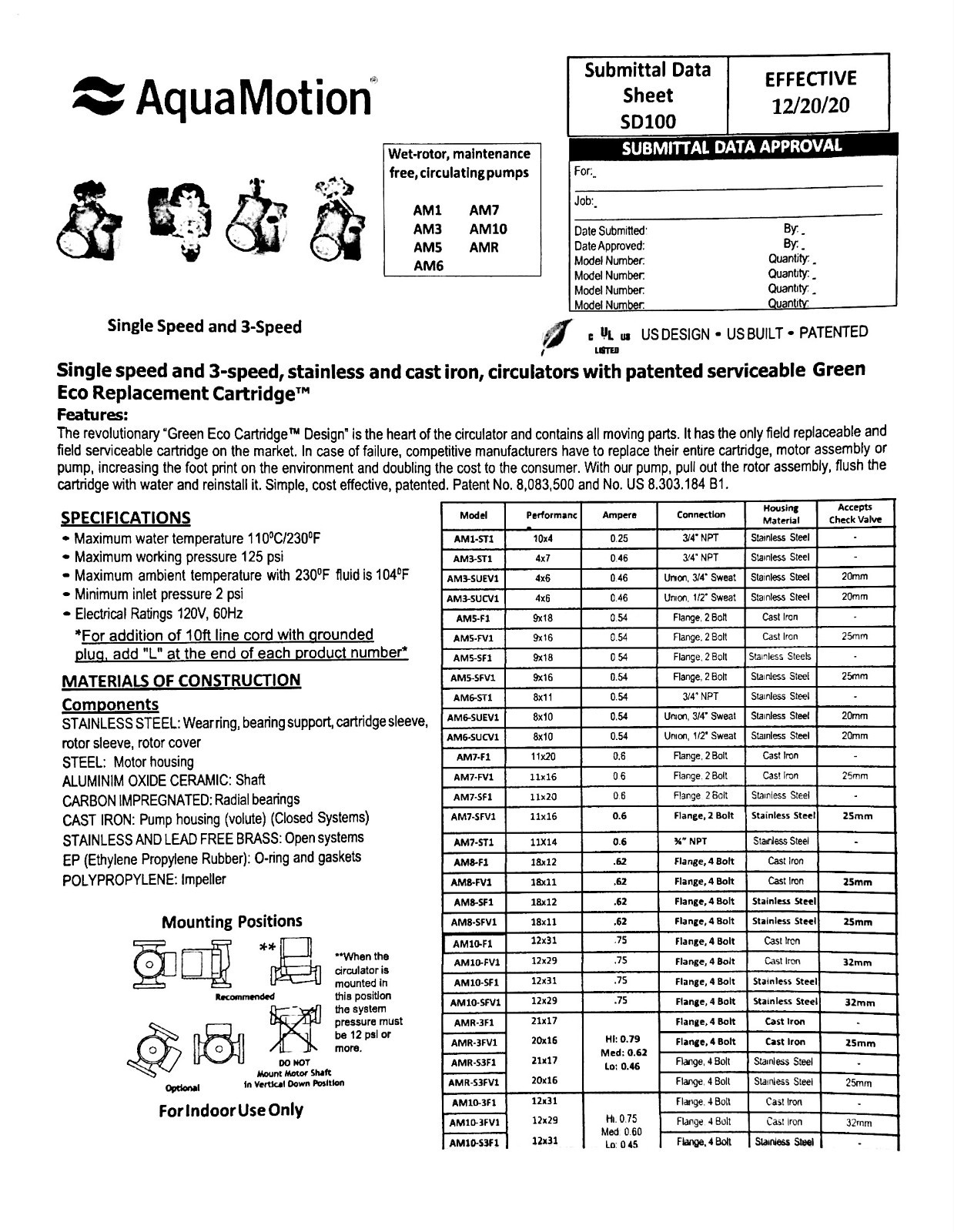 Aquamotion AM3-SUC1 - Stain. Steel, Single Speed Water Circulator w/1/2" Union