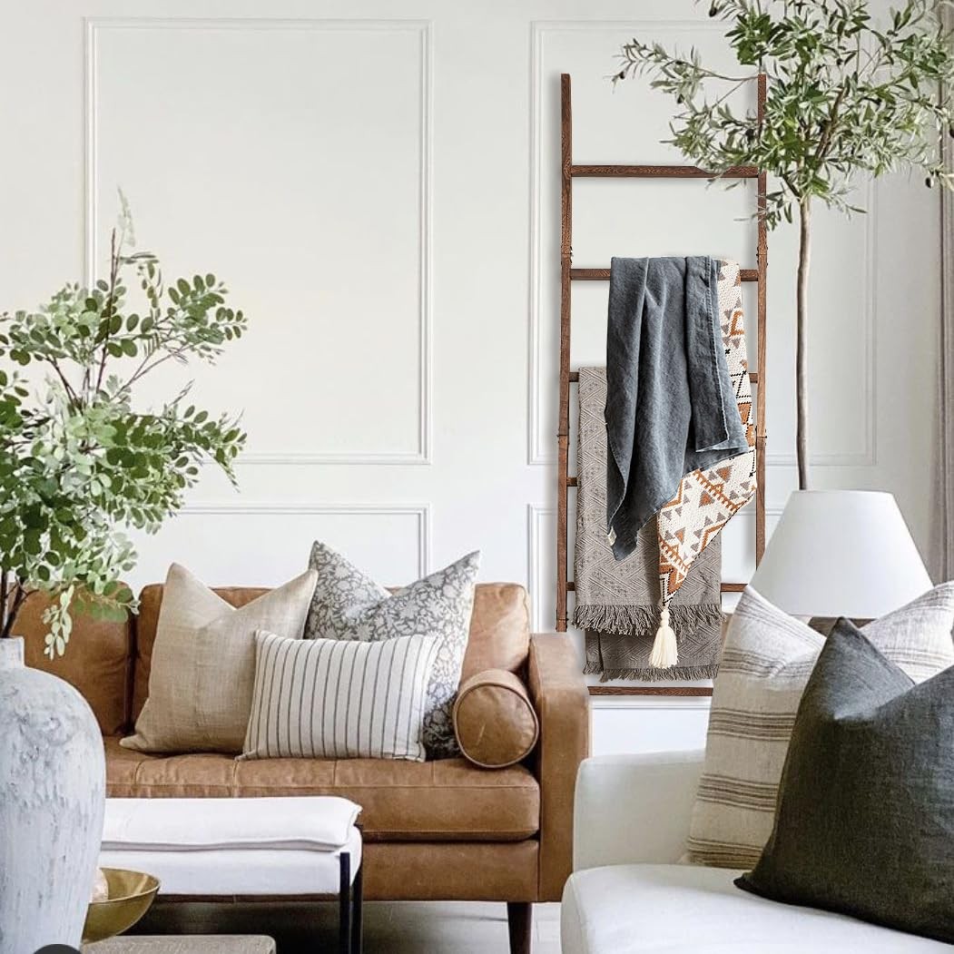 Blanket Ladder for the Living Room 6-Tier, Wooden Decorative Quilt Holder for...