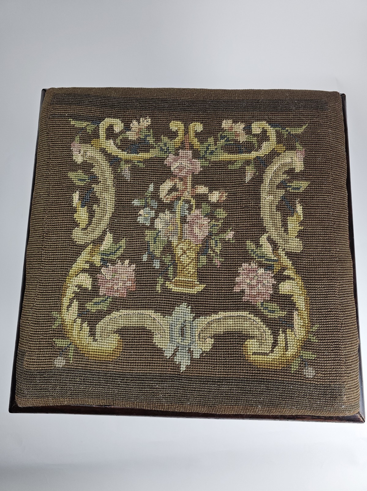 Antique Floral Needlepoint Footstool Victorian Decorative Stool (c. 1890–1915)