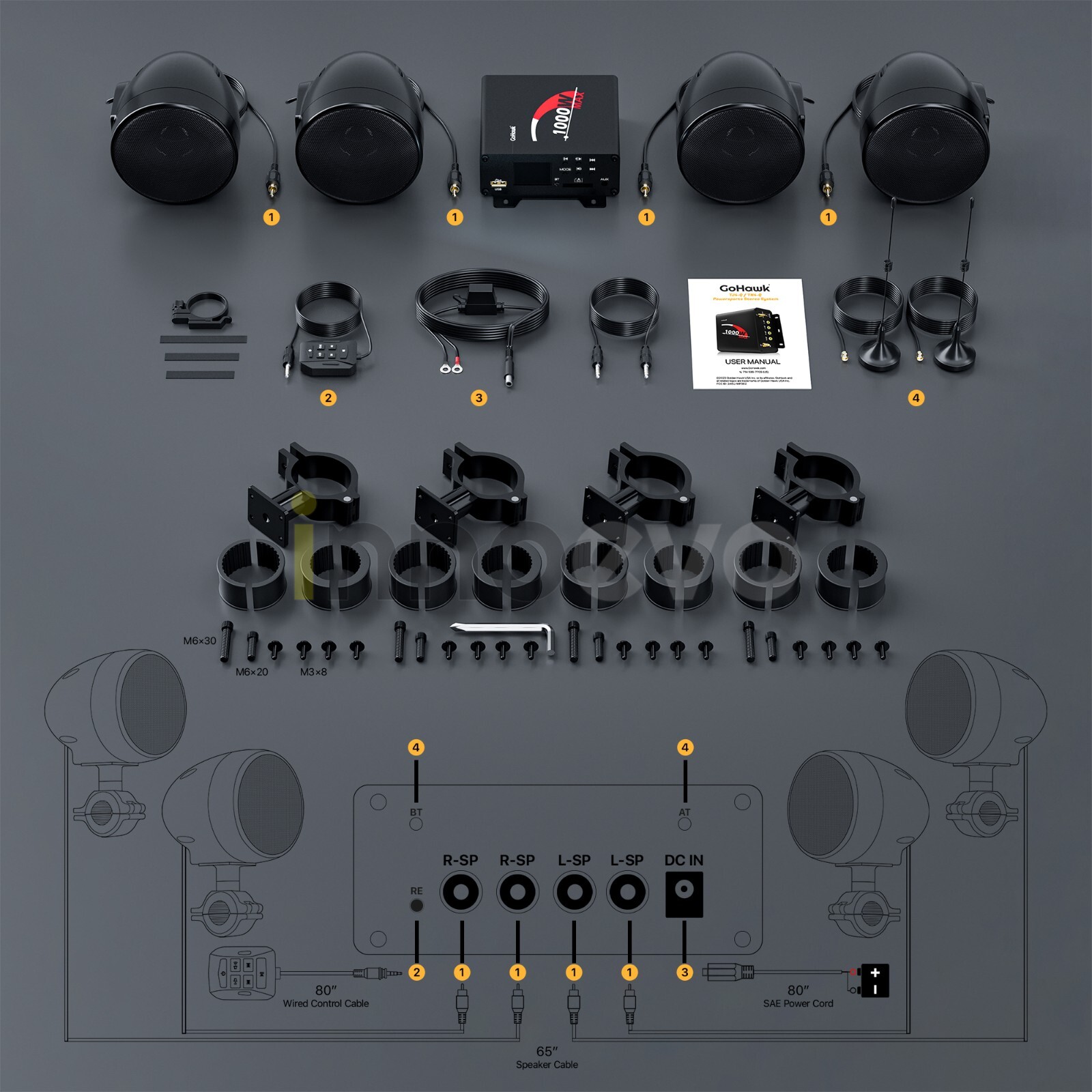 1000W Amp Bluetooth Waterproof ATV UTV RZR Polaris Stereo Speakers Audio System