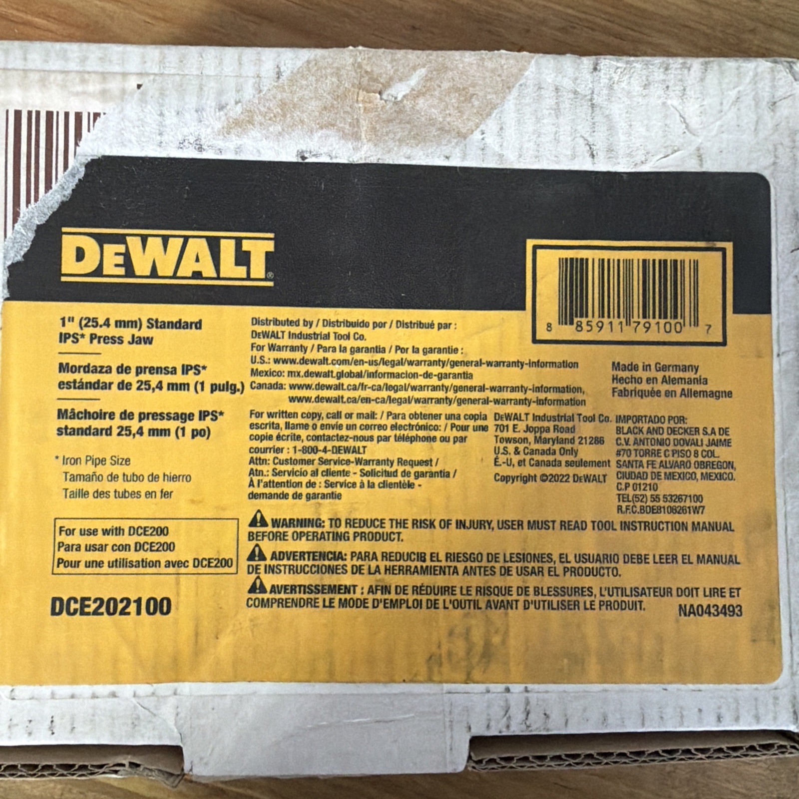 DEWALT DCE202100 1" STANDARD IPS PRESS JAW TOOL FOR PRESSING CARBON STEEL PIPE