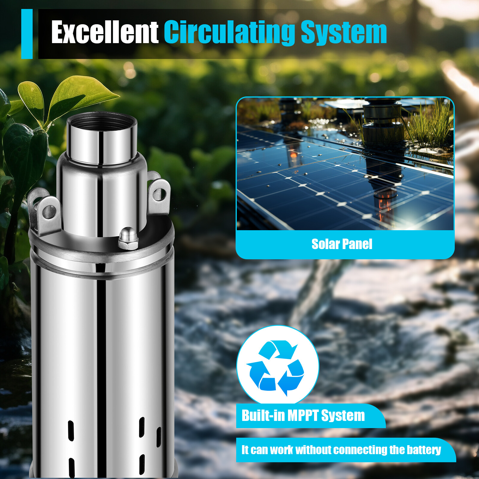 24V 370W Solar Water Pump Deep Well Solar Submersible Pump head 65m stainless US