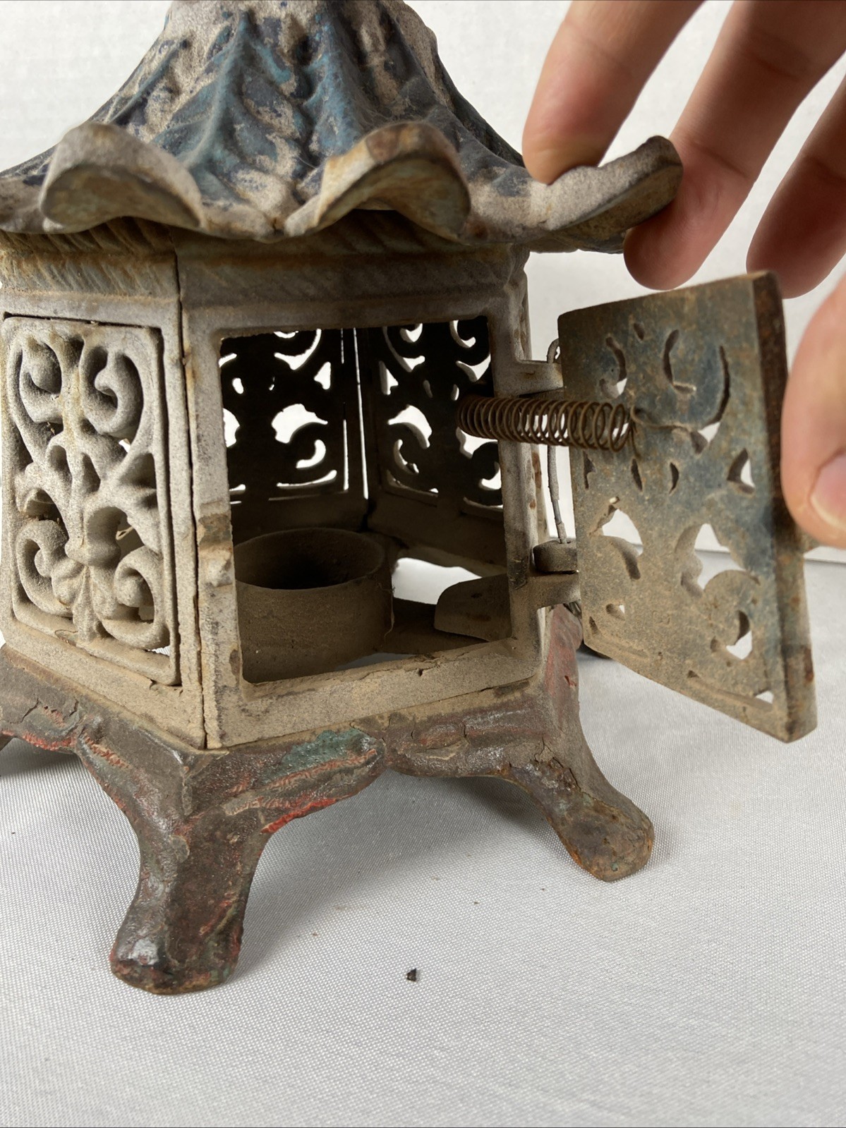 Vintage 9” Large Cast Iron Asian Pagoda Tea Light Candle Heavy Hanging Lantern