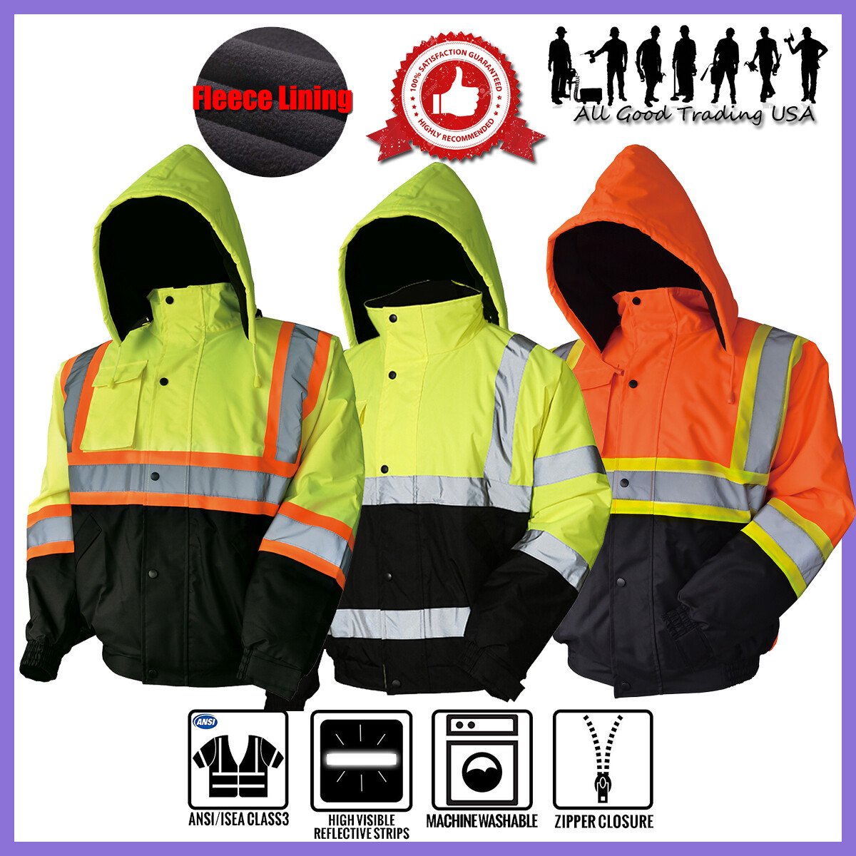 Hi-Vis Insulated Safety Bomber Reflective Jacket Coat Road Work Fleece Lining