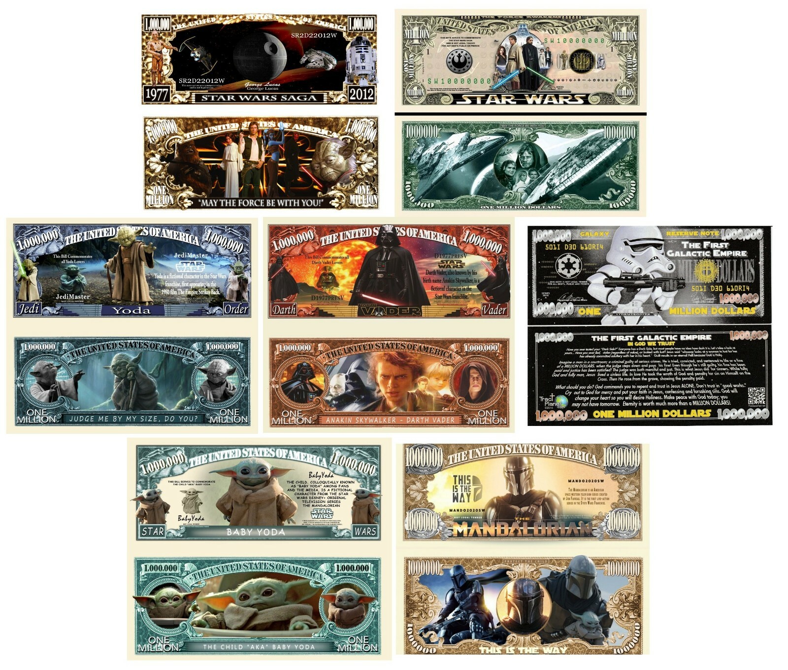 Star Wars Set of 7: Million Dollar Bill Funny Money Novelty Notes +FREE SLEEVES
