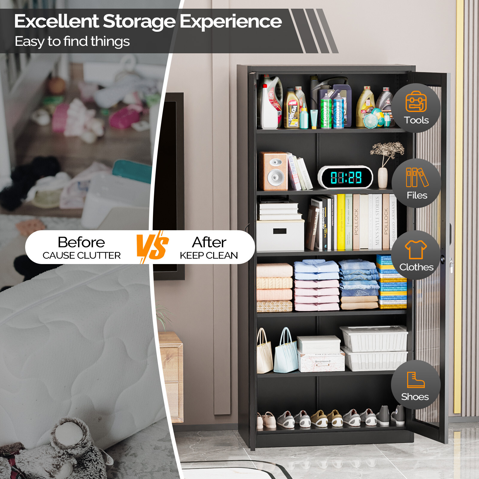 71" Tall Lockable Display Cabinet with Glass Doors & 5 Adjustable Shelves Black