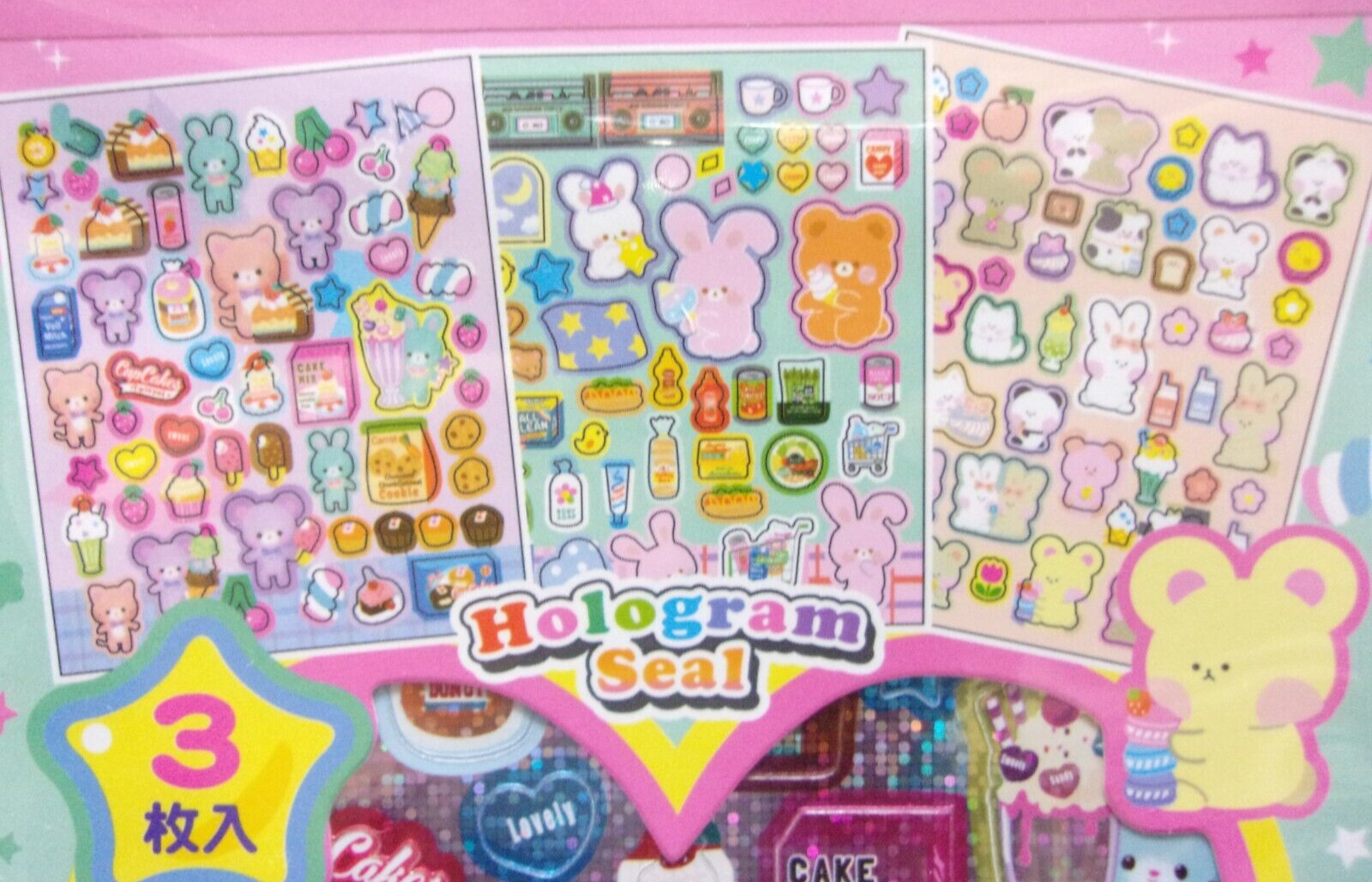 LEMON / Bear Rabbit Cat Sweets Hologram 3 Sticker Sheet / Japan